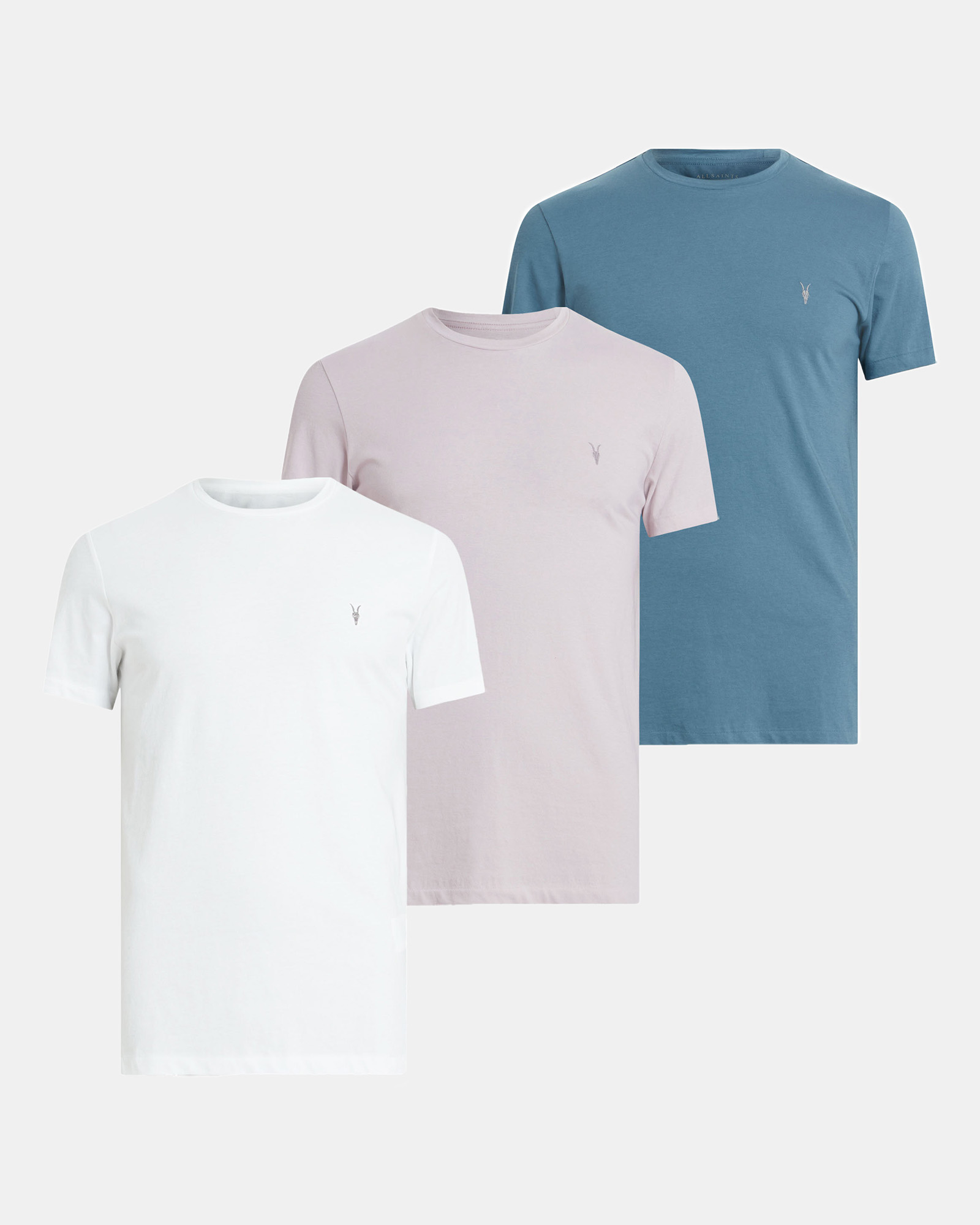 AllSaints Tonic Crew Ramskull T-Shirts 3 Pack,, Opt Wht/lilac/blue