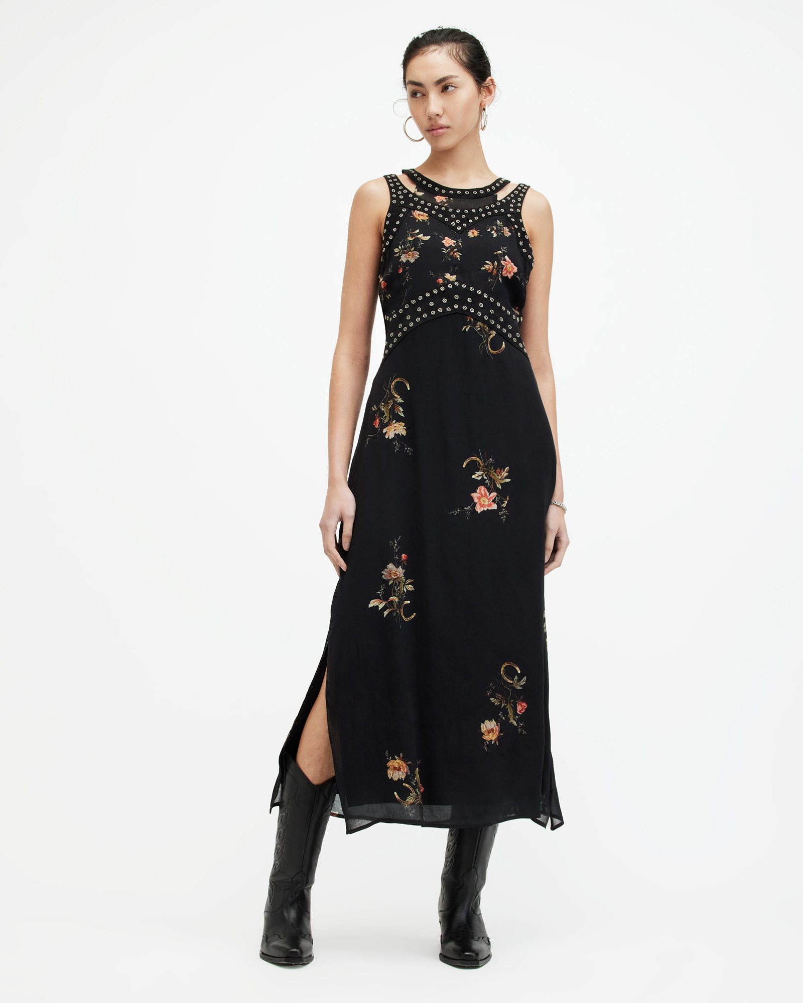 AllSaints Jessie Tanana Floral Print Maxi Dress,, Jet Black