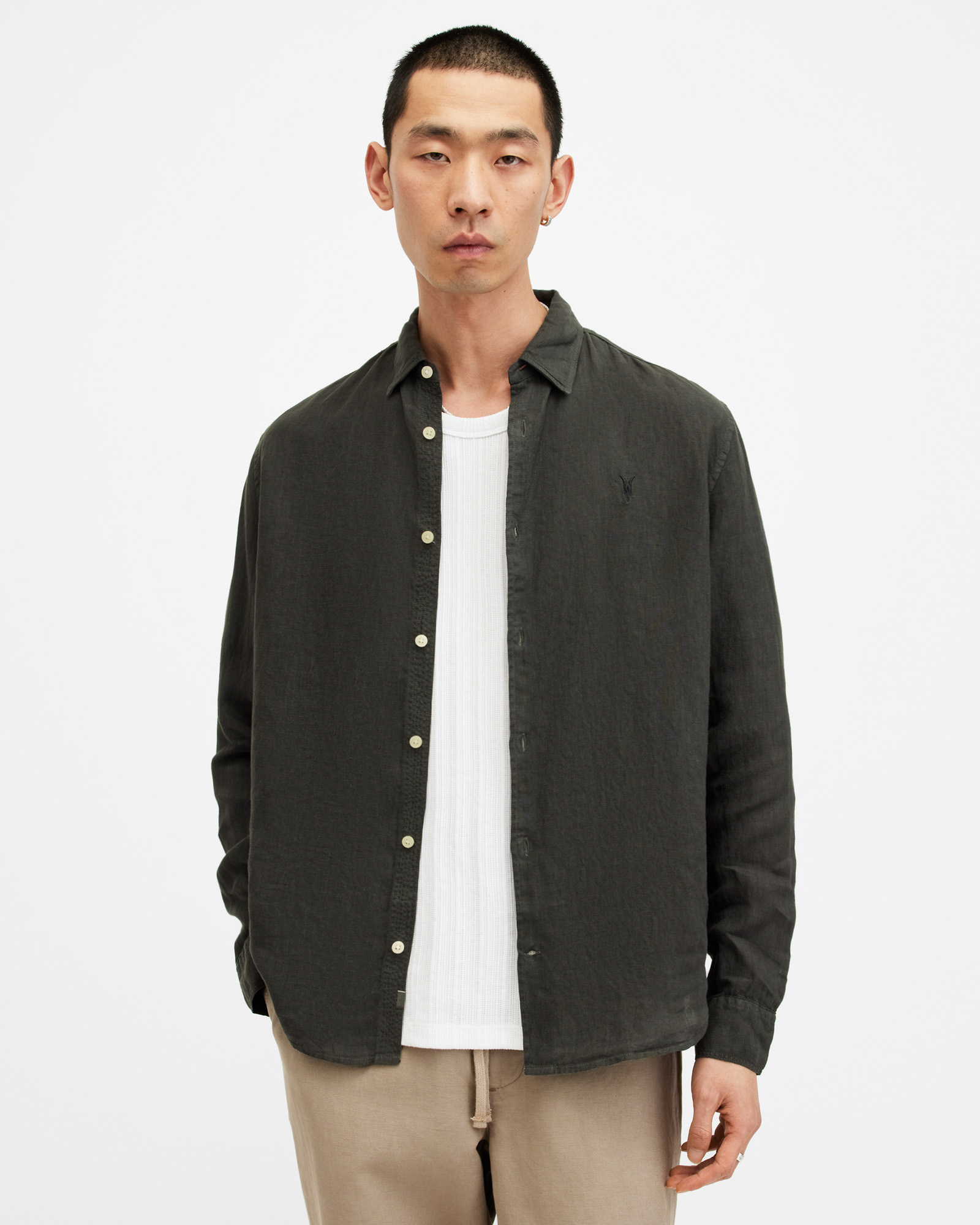 Cypress Long Sleeve Linen Relaxed Shirt Washed Black | ALLSAINTS US