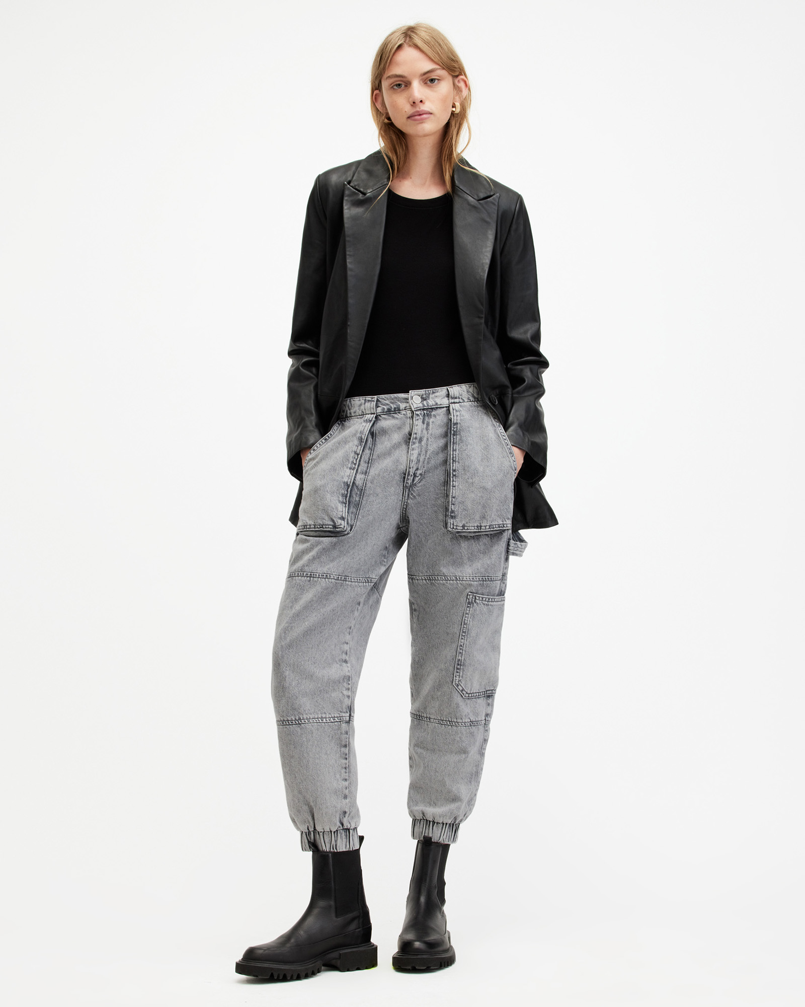 Mila Denim Slim Fit Panelled Pants Washed Grey | ALLSAINTS US