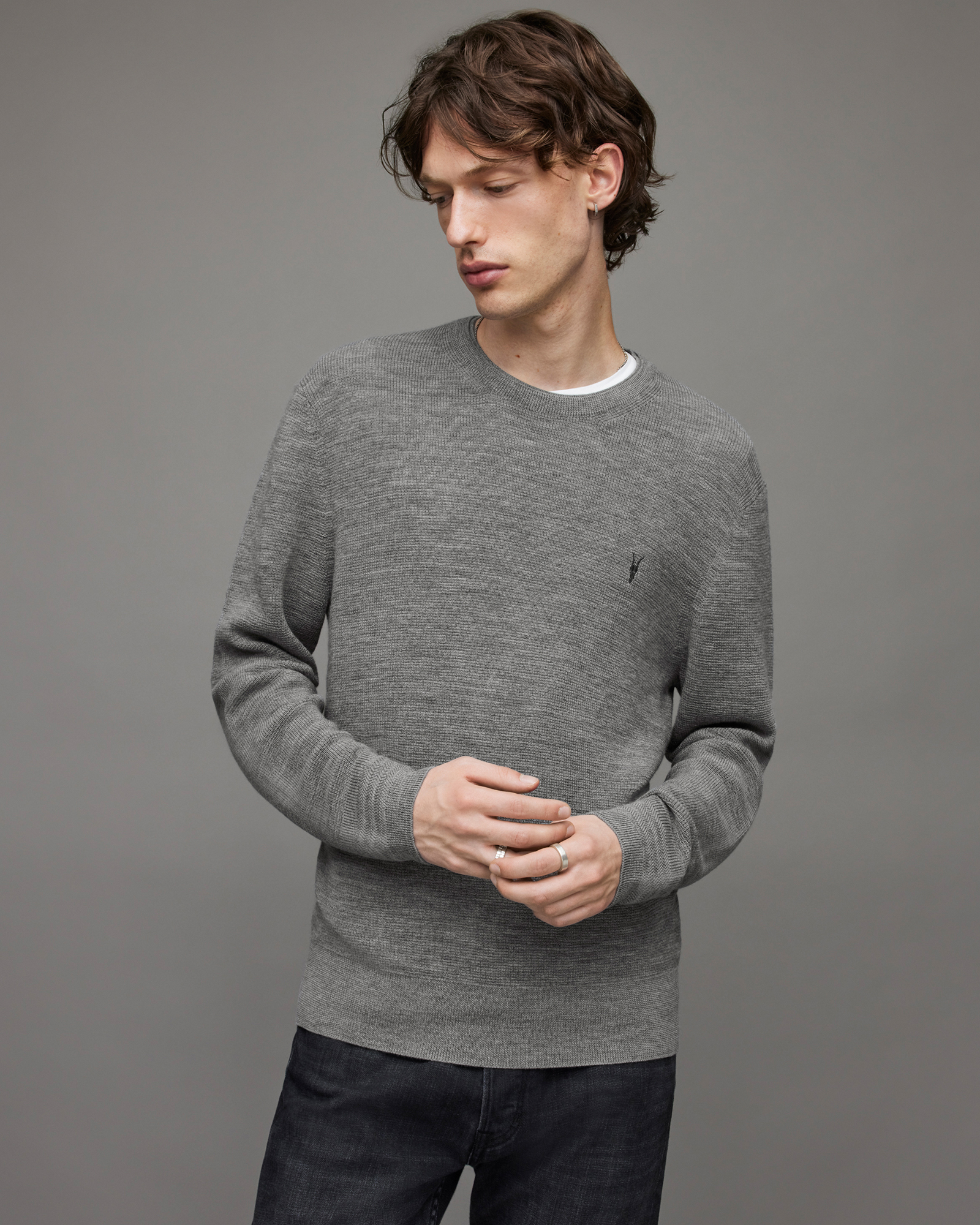 Ivar Merino Crew Neck Ramskull Sweater Grey Marl | ALLSAINTS US