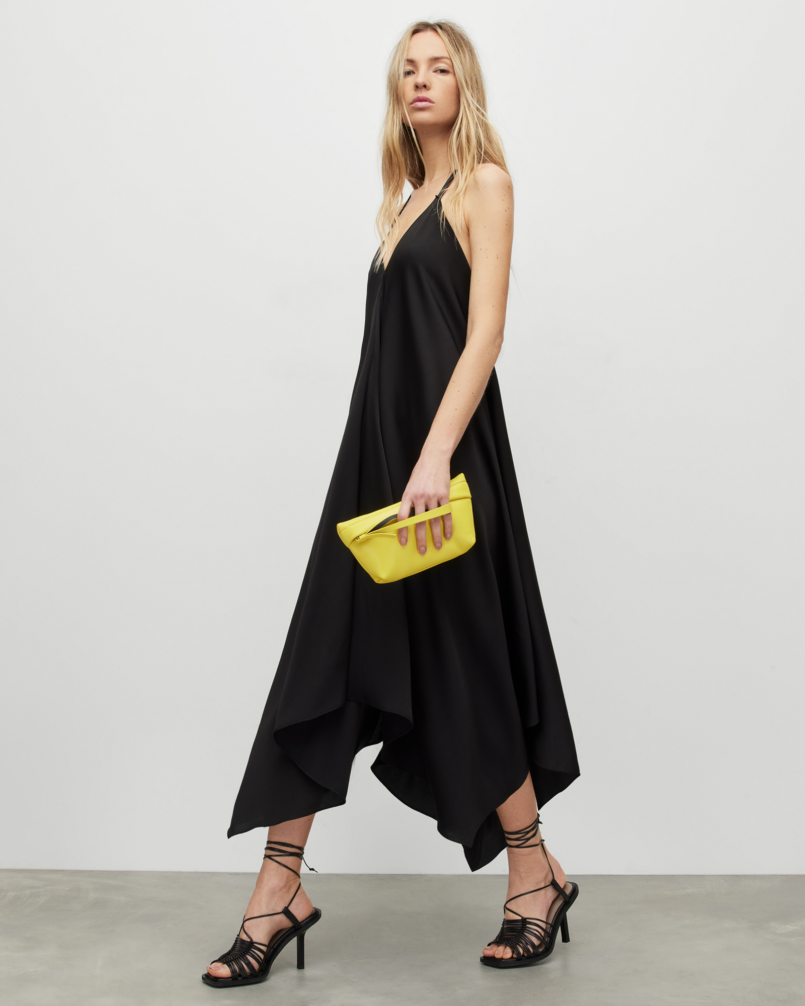 Lil Panelled Asymmetric Maxi Dress Black | ALLSAINTS US