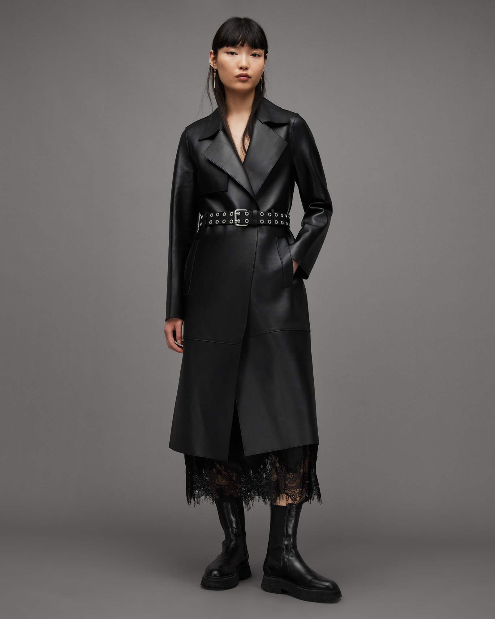 Suede Bonded Faux Fur Trench Coat Black / S