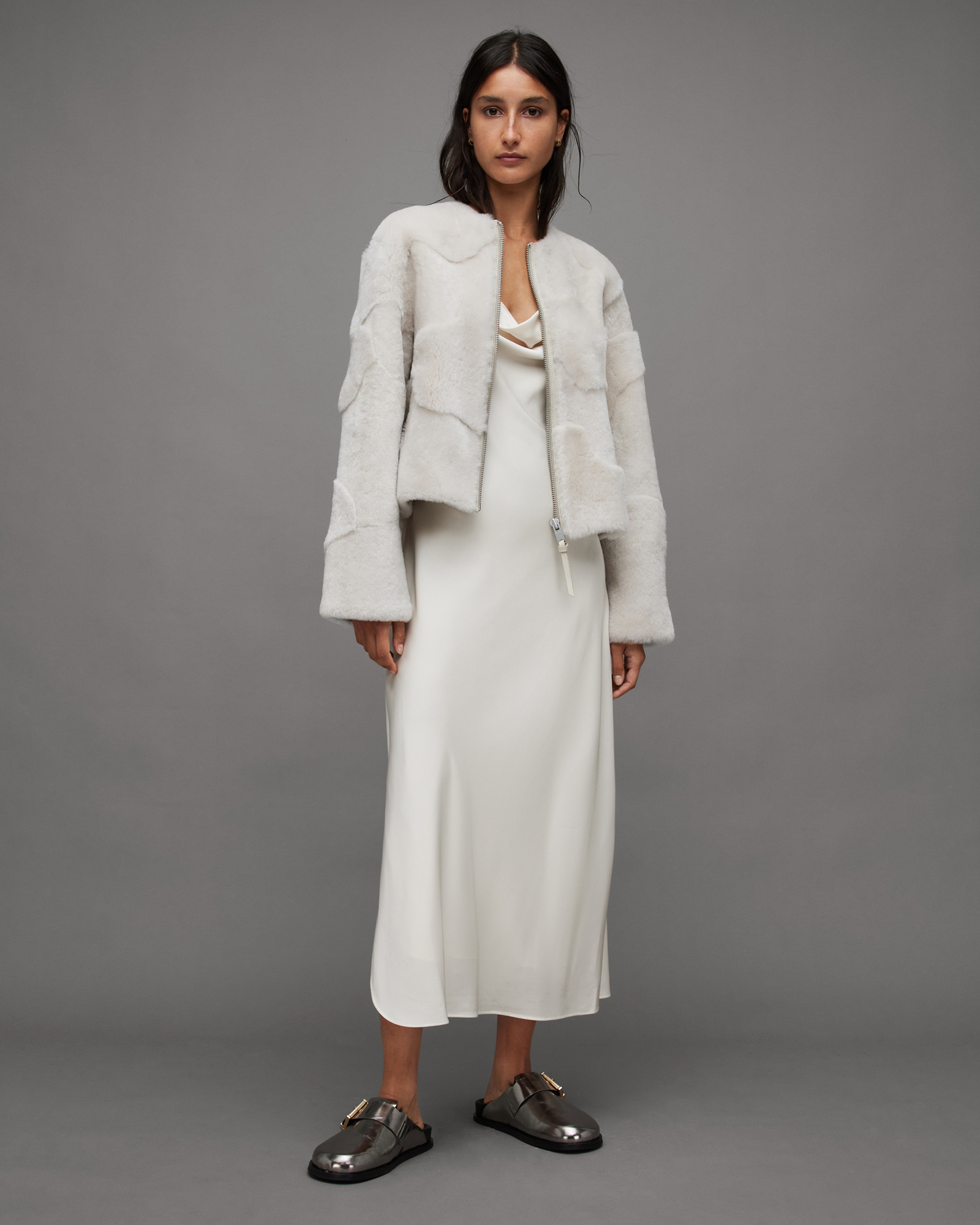 Hania Relaxed Fit Shearling Jacket Off White | ALLSAINTS US