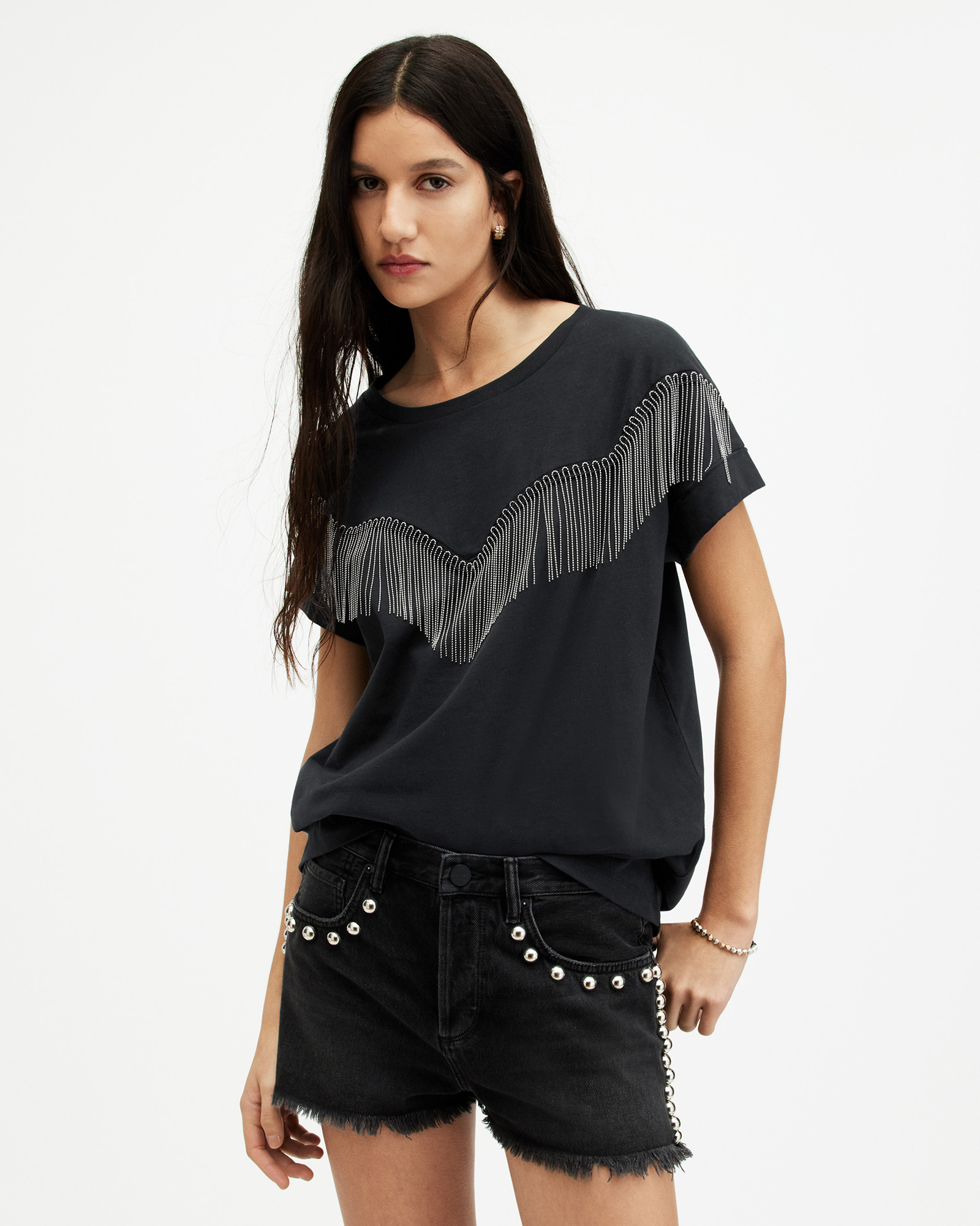 Imogen Boy Tassel Front T-Shirt Black | ALLSAINTS US