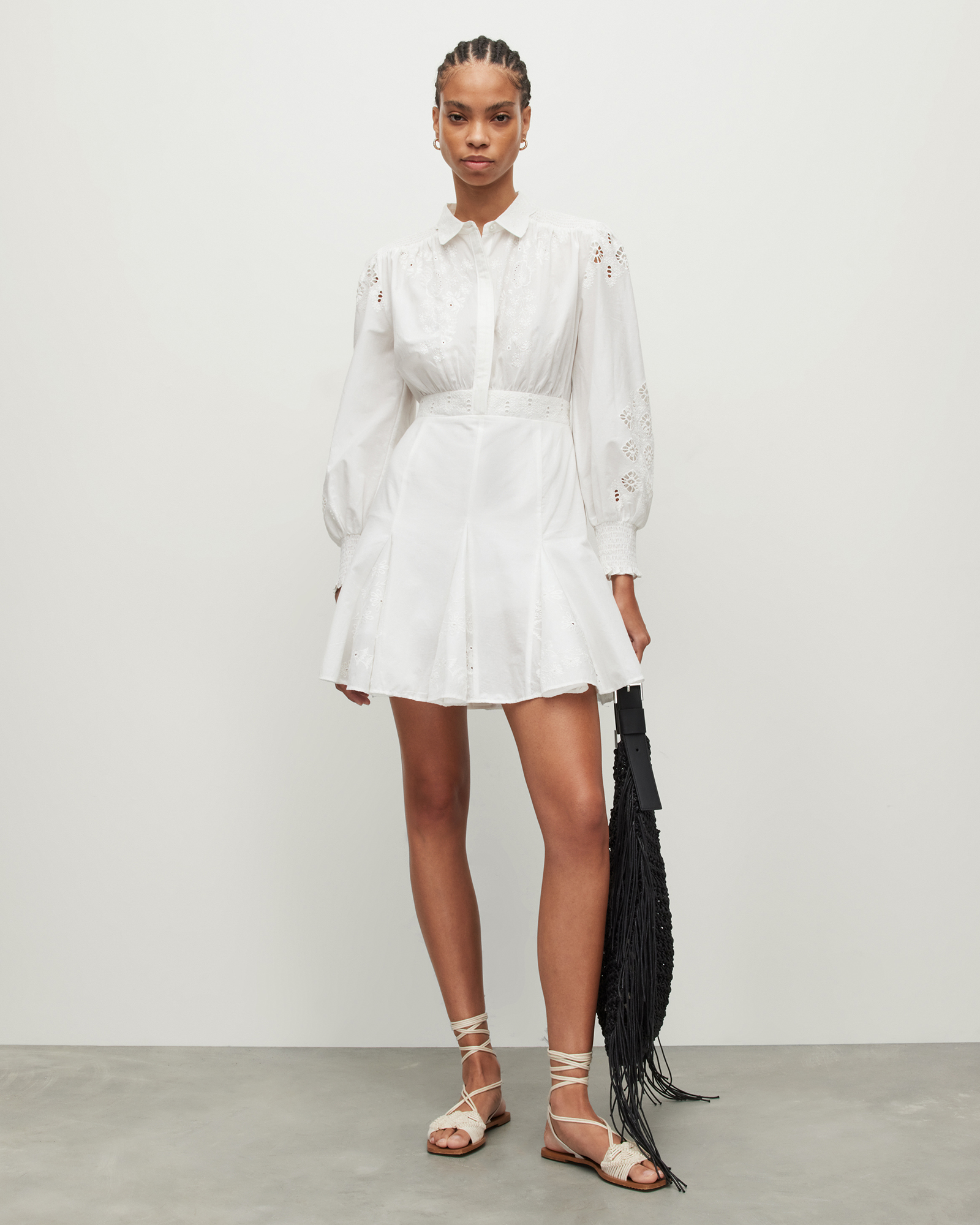 Keeley Embroidered Broderie Mini Dress Chalk White | ALLSAINTS US