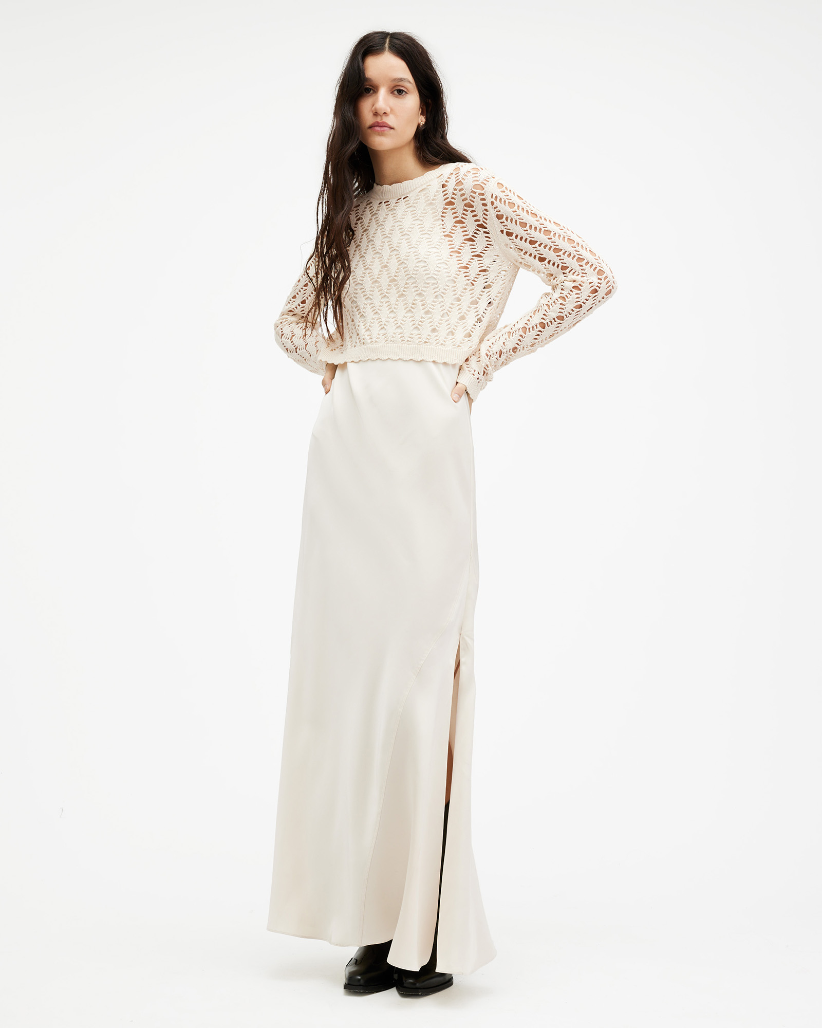 Erin 2-In-1 Crochet Sweater Maxi Dress CREAM WHITE ...