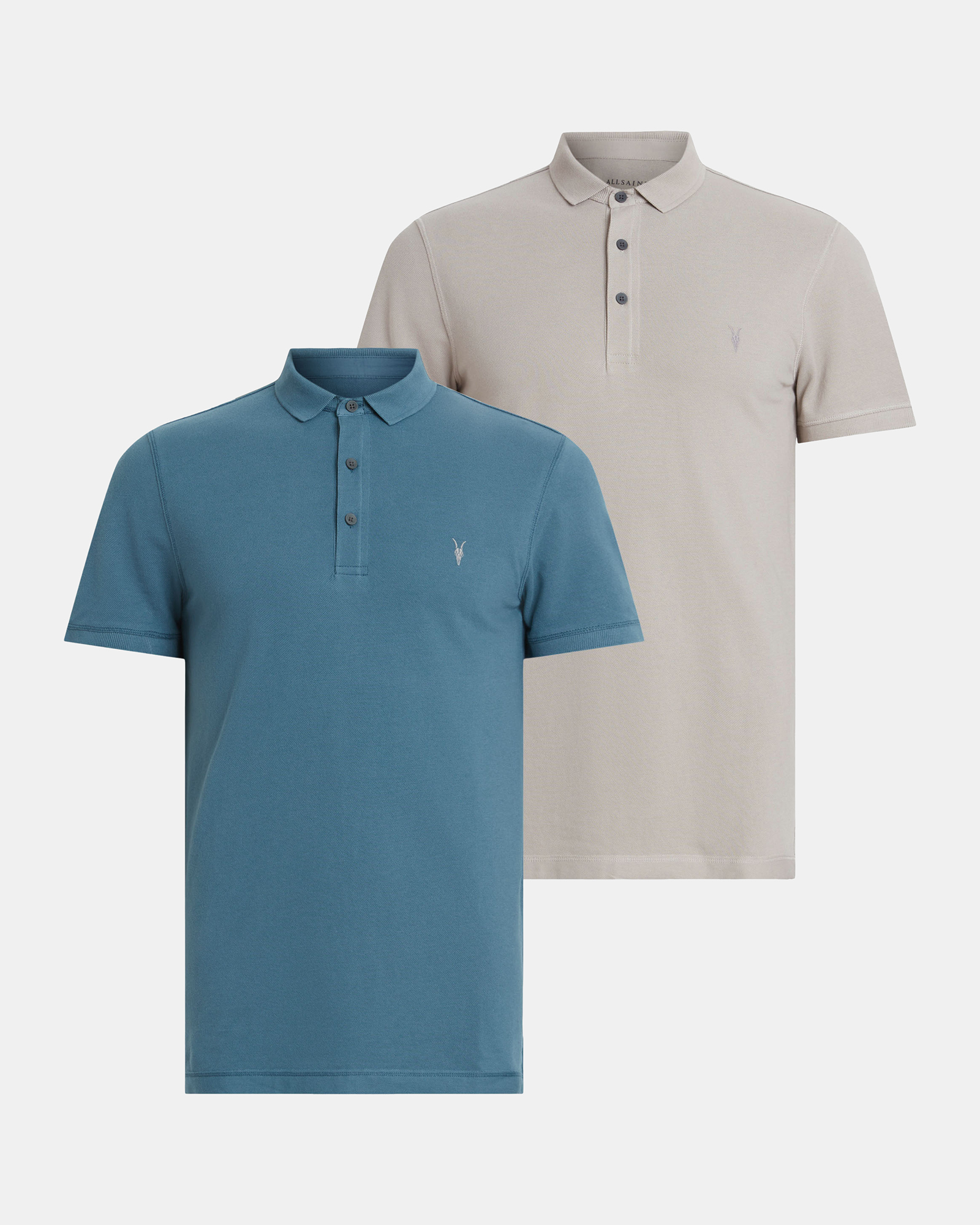 Shop Allsaints Reform Short Sleeve Polo Shirts 2 Pack In Cool Grey/sur Blue