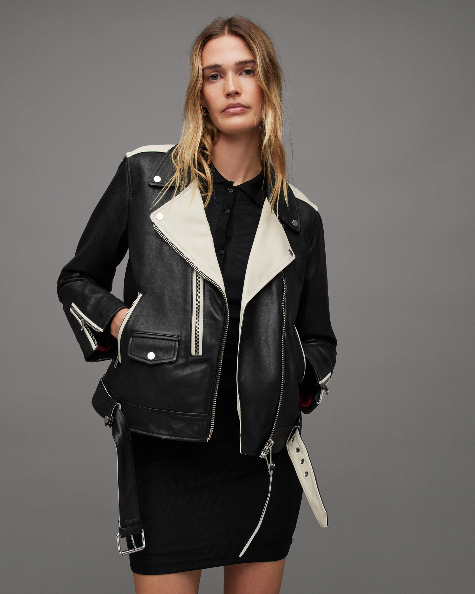 Dren Leather Contrast Biker Jacket In Black