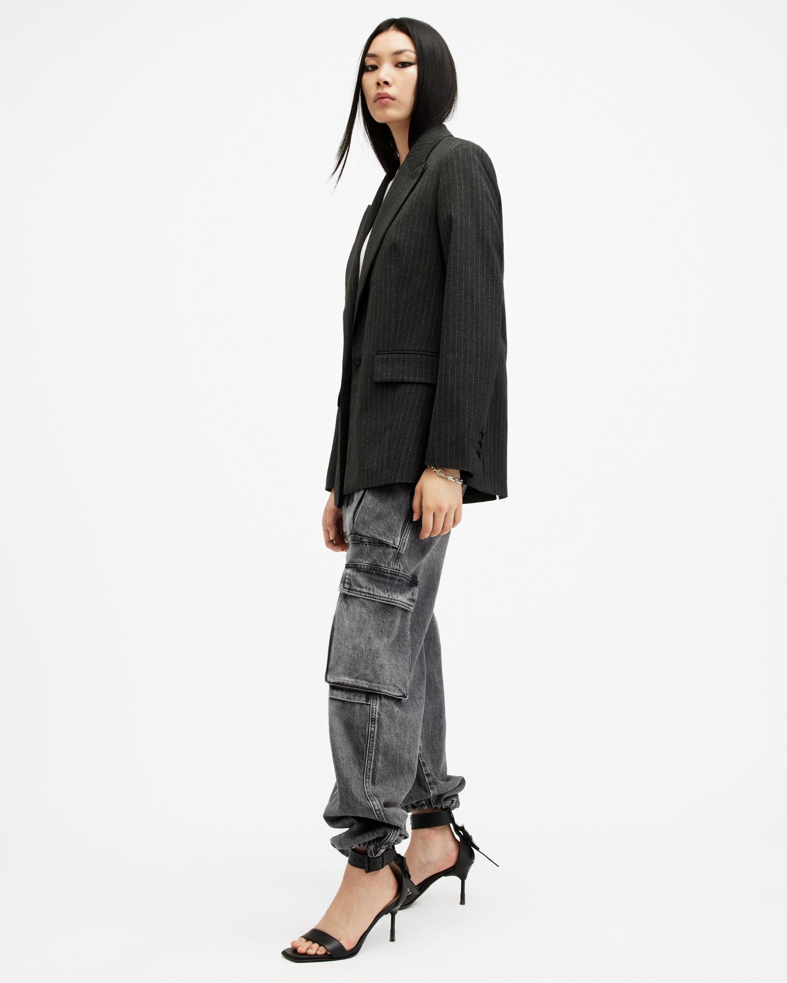 Shop Allsaints Echo Cargo Wide Leg Denim Jeans, In Washed Black