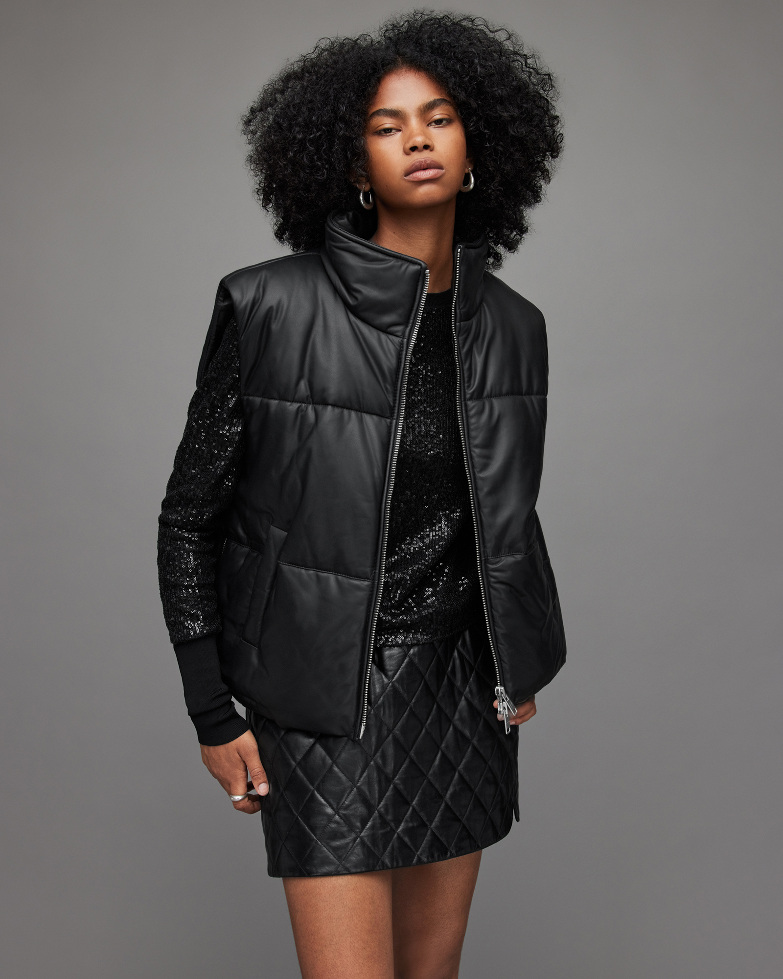 black leather gilet puffer