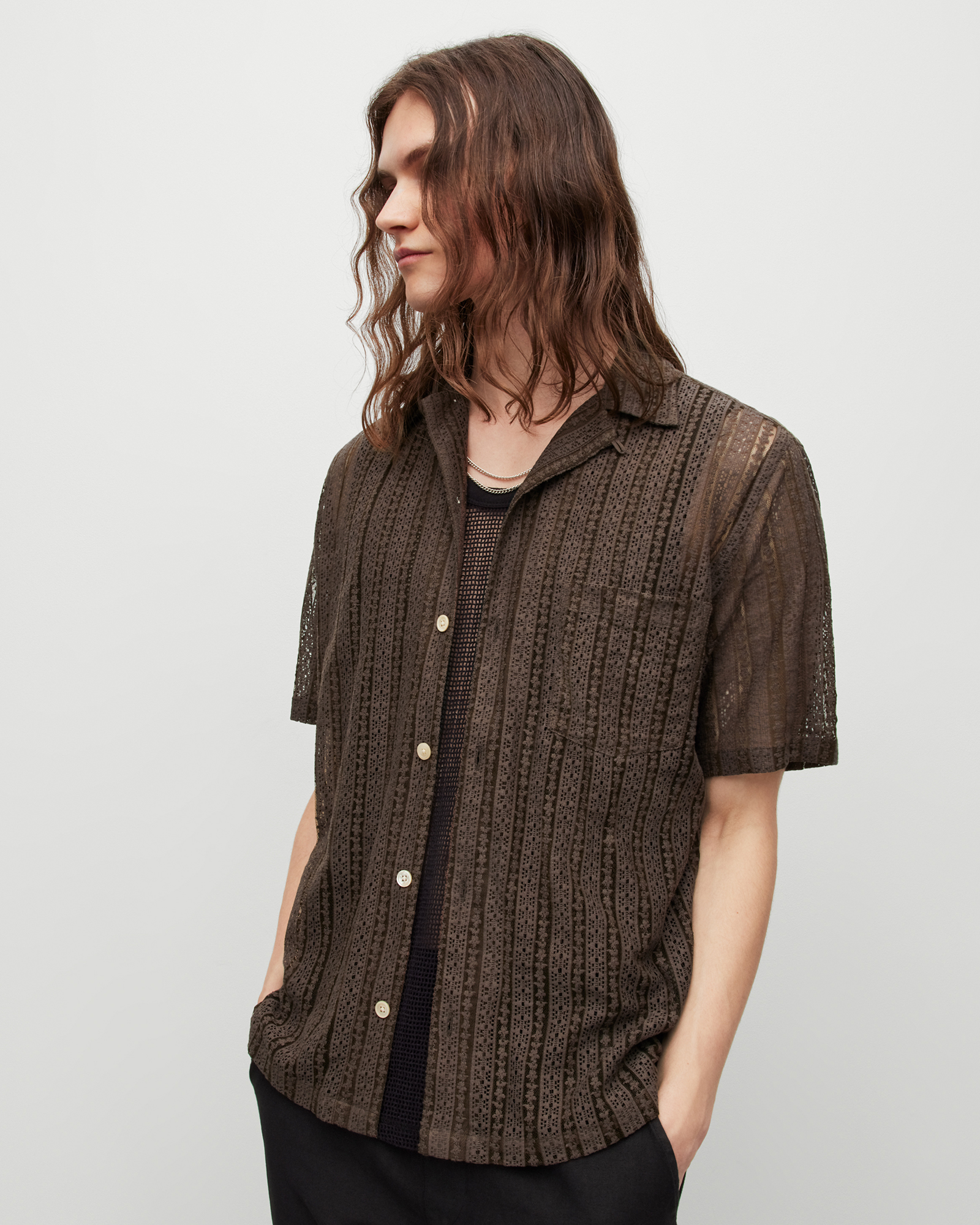 Cala Floral Lace Sheer Relaxed Shirt WOOD BROWN | ALLSAINTS US