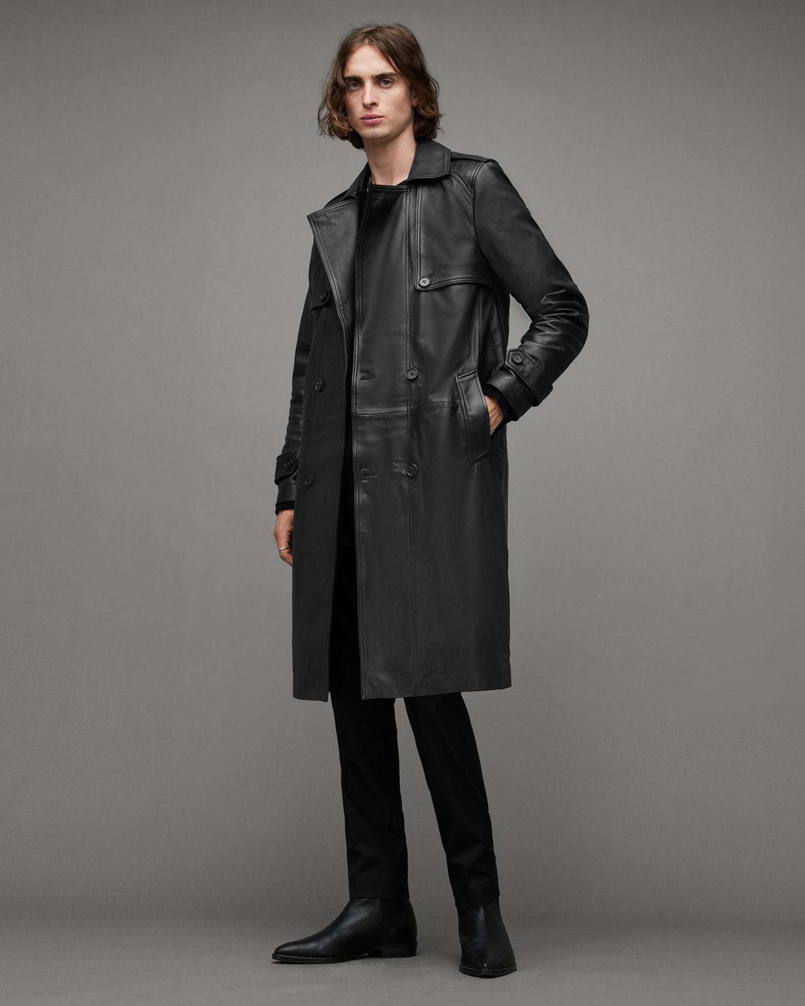 Wide Shoulders Leather Trench Coat