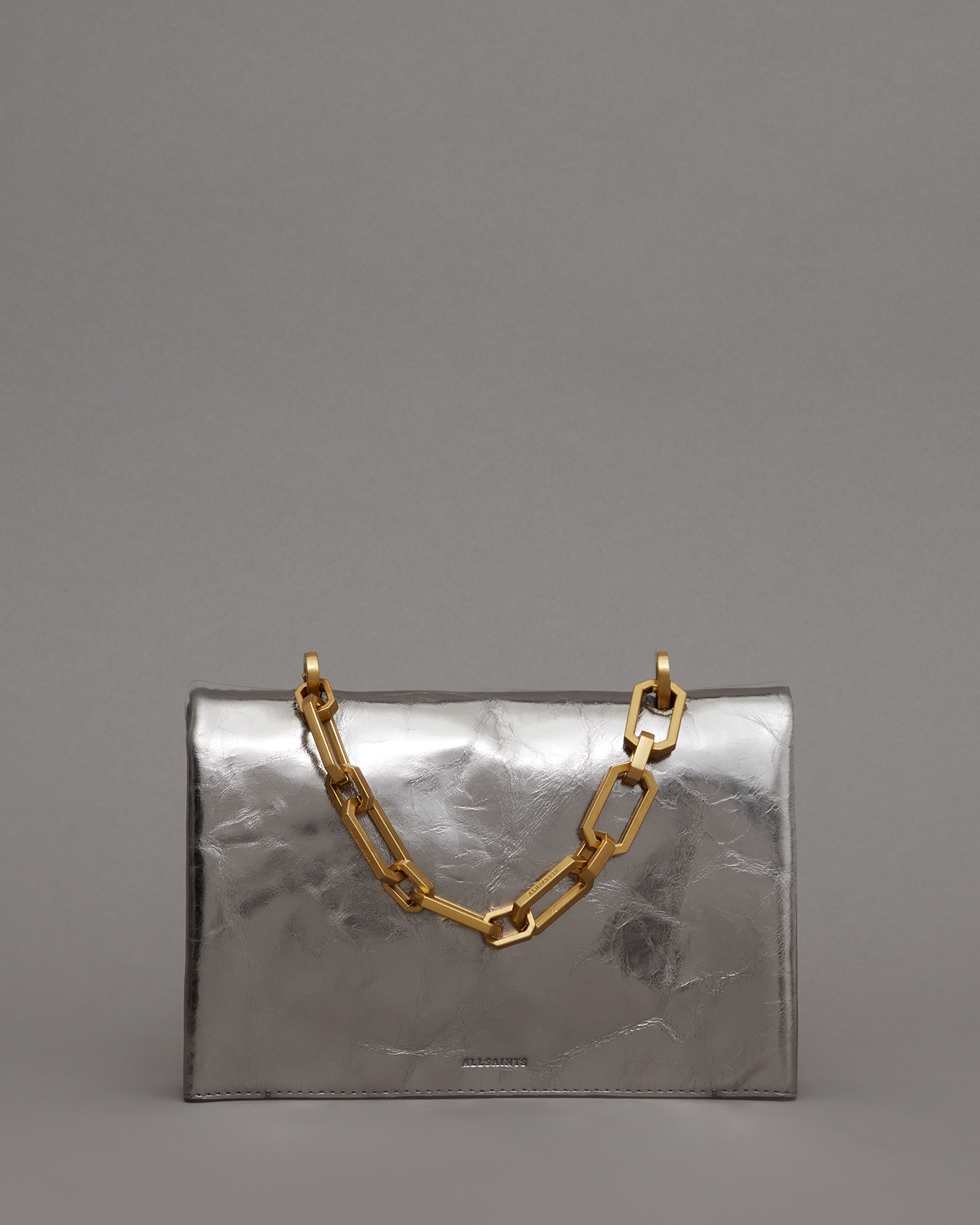 Yua Leather Removable Chain Clutch Bag Pewter | ALLSAINTS US