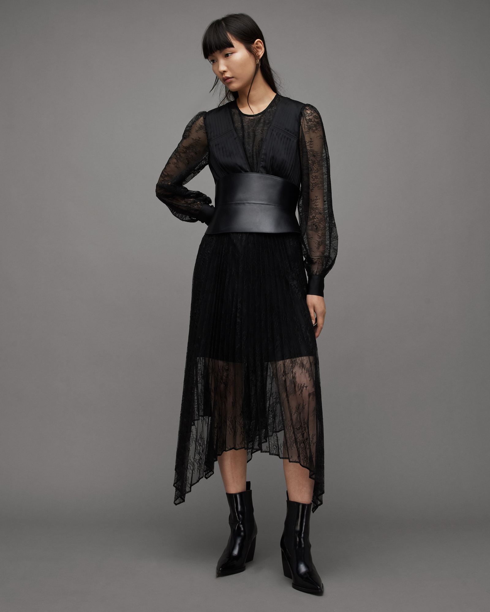 Norah Lace Pleated Asymmetric Maxi Dress Black | ALLSAINTS US