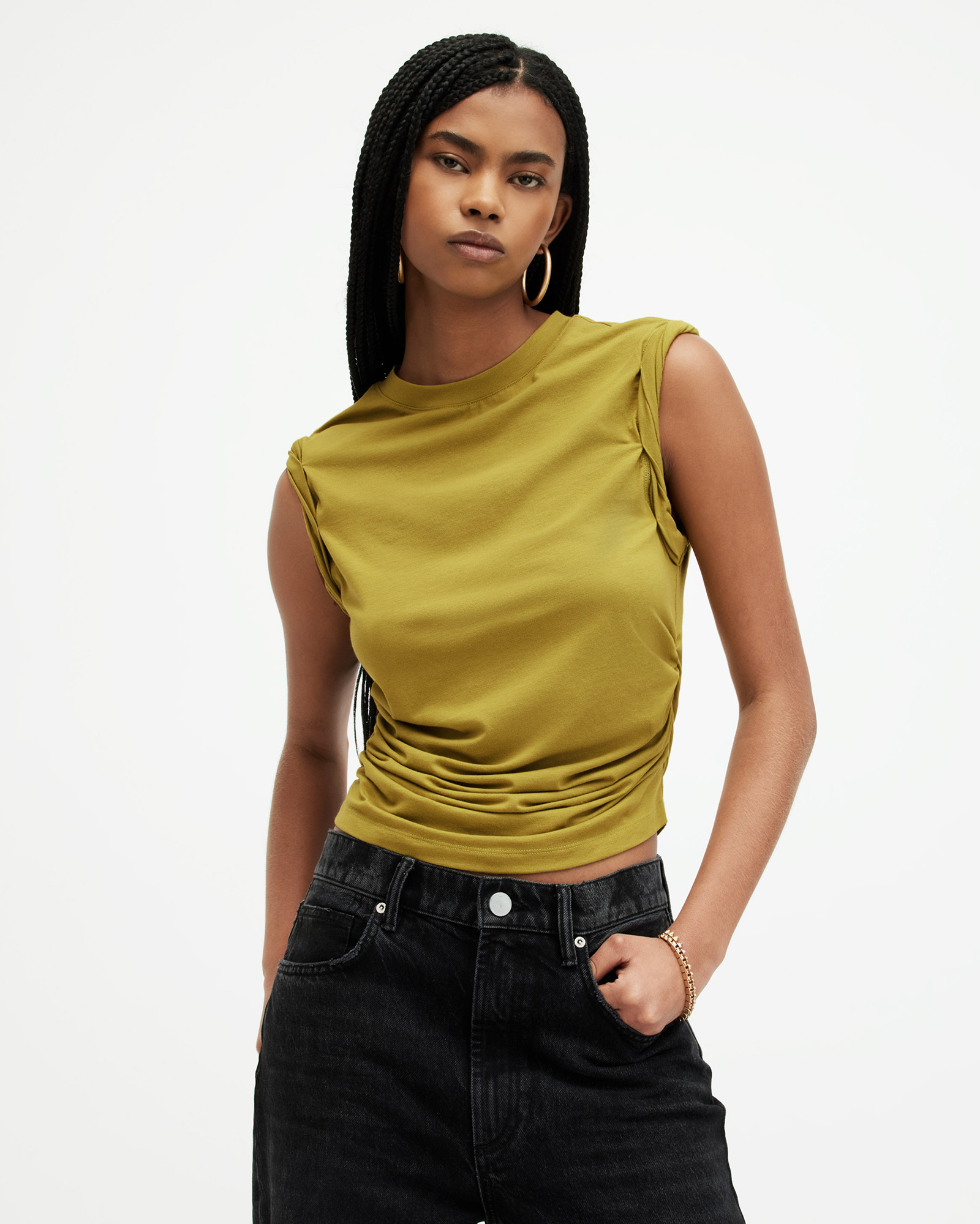 Shop Allsaints West Rolled Sleeve Slim Fit Tank Top In Golden Palm Green