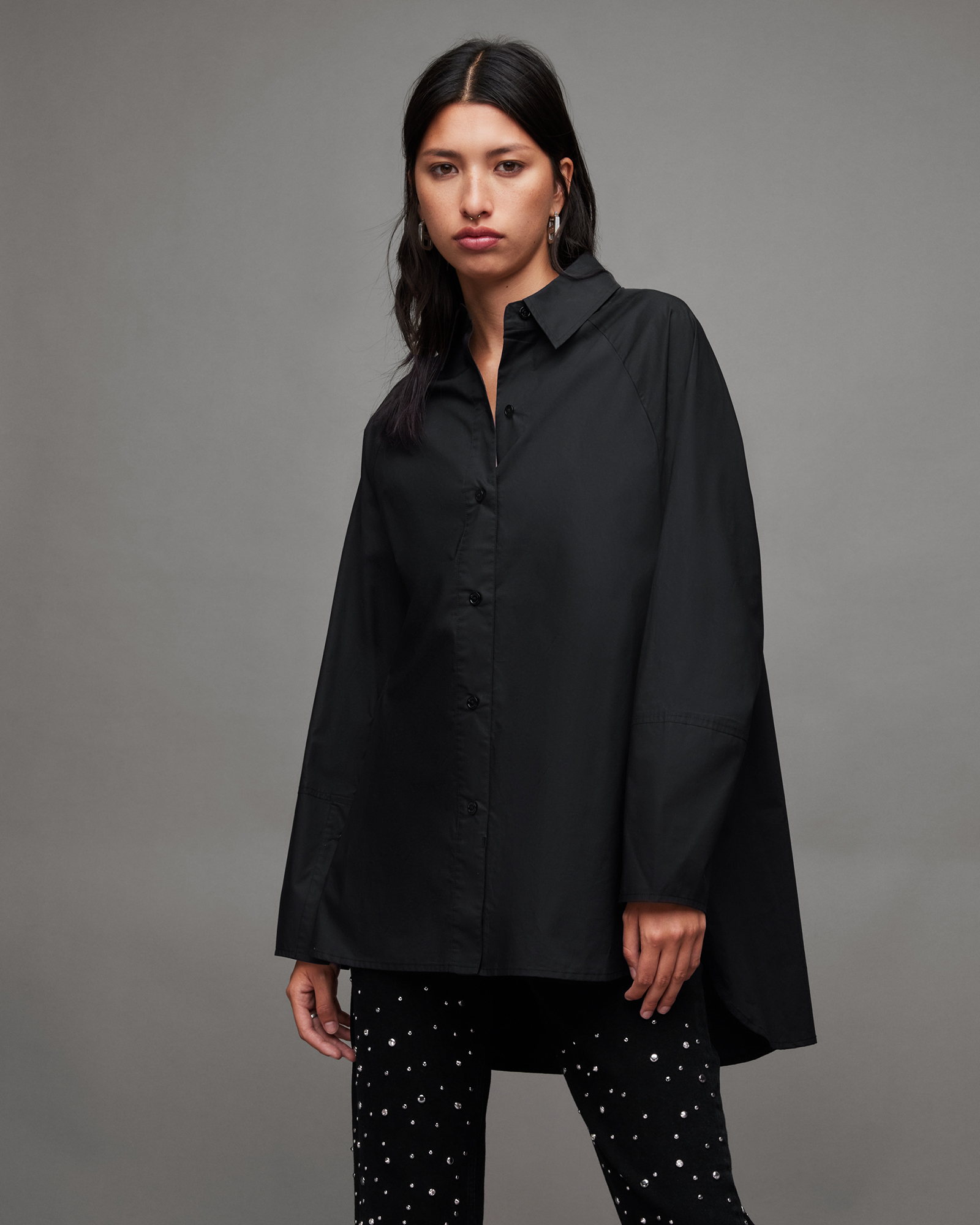 Evie Oversized Logo Printed Shirt Black | ALLSAINTS US