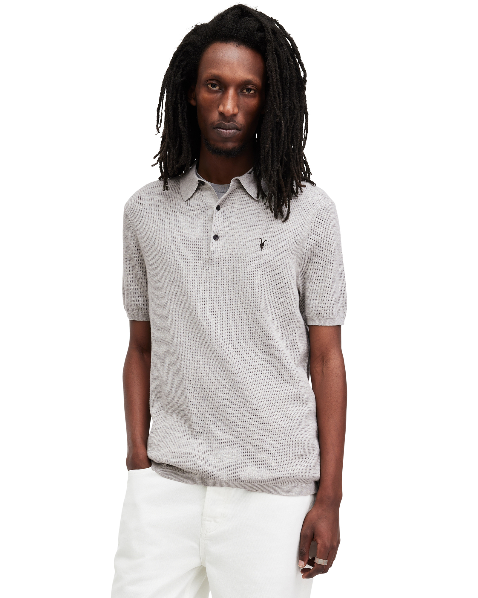 Shop Allsaints Aubrey Ramskull Short Sleeve Polo Shirt In Grey Marl