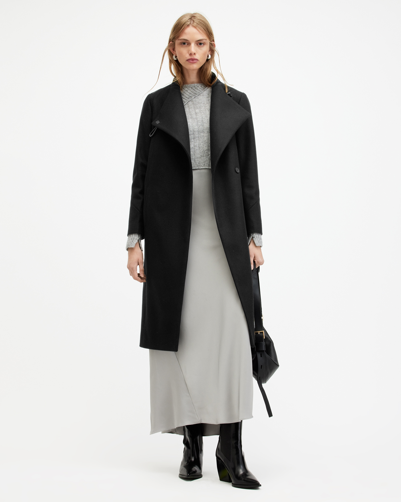 Riley Wrap Around Belted Long Line Coat Black | ALLSAINTS US