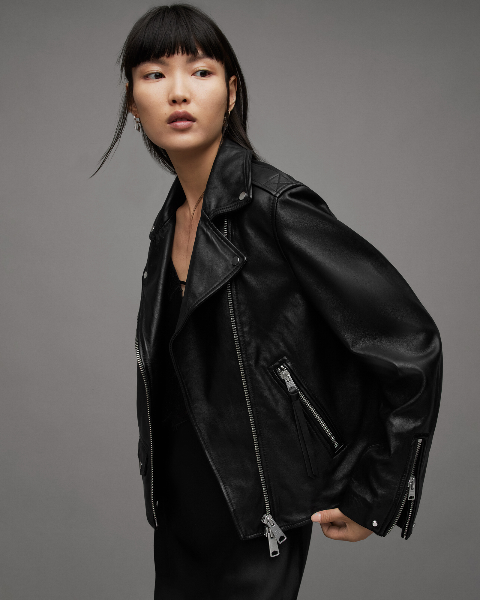 Lyra Regular Fit Leather Biker Jacket Black | ALLSAINTS US