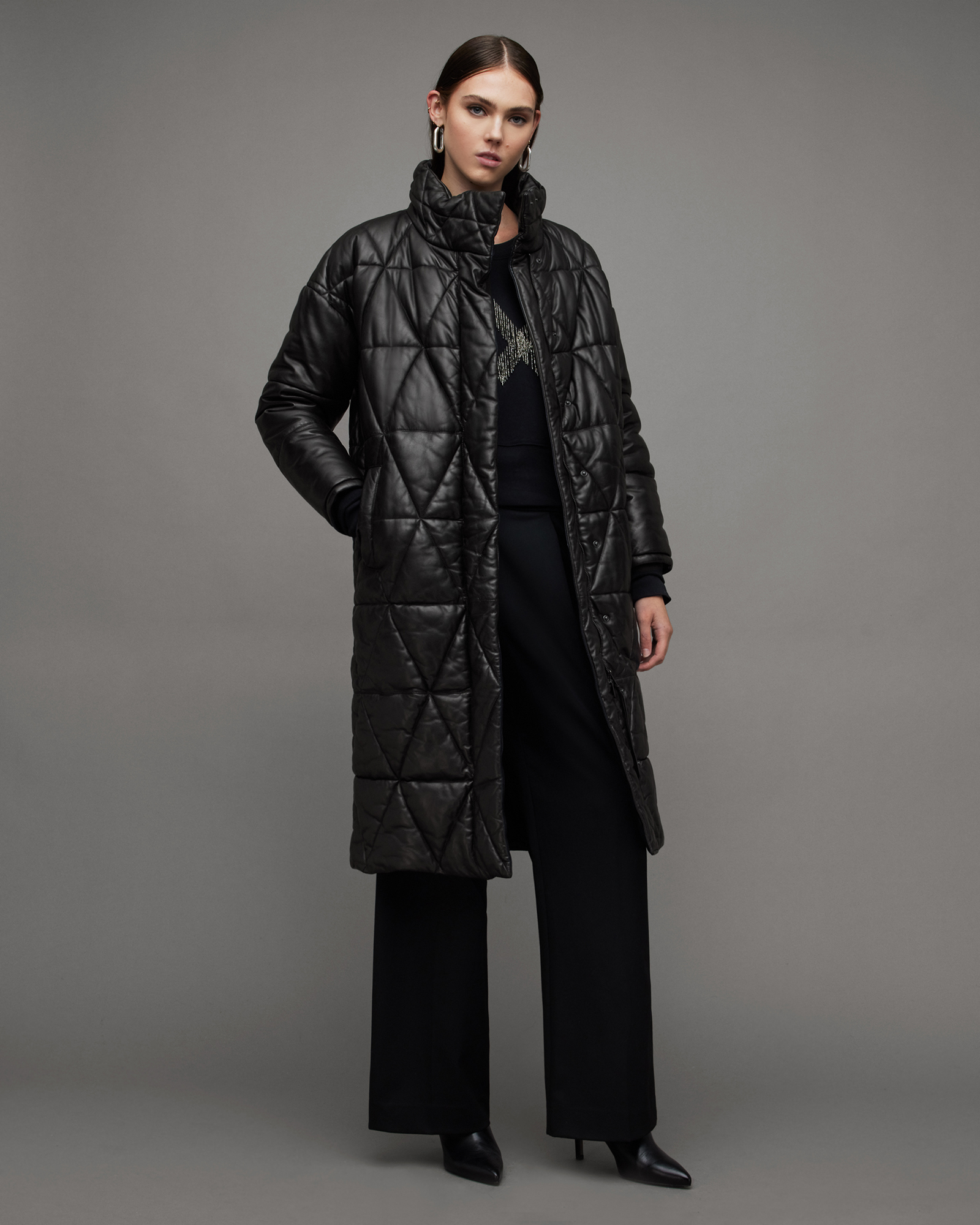 Bon Oversized Leather Puffer Coat Black | ALLSAINTS US