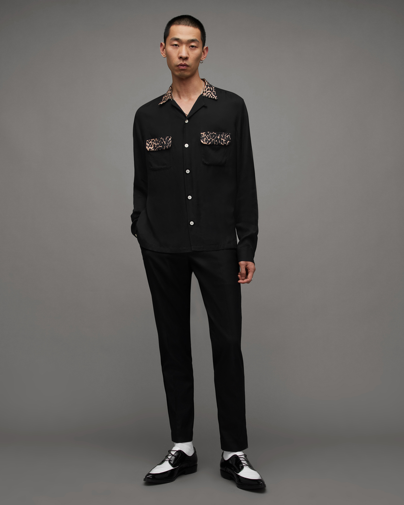 Stray Leopard Print Collar Shirt Jet Black | ALLSAINTS US