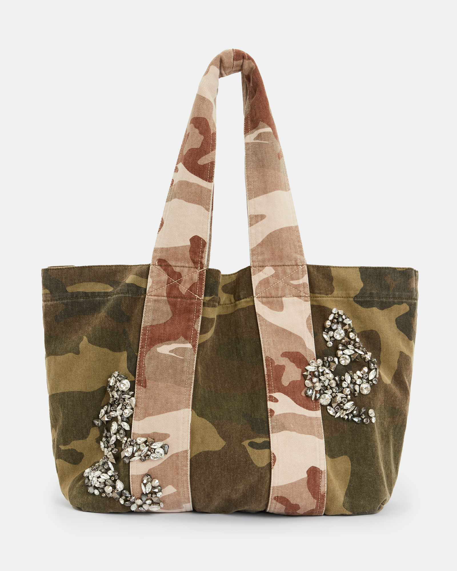 AllSaints Women's Airi Camouflage Denim Jewel Tote Bag, Camo Green/Jewel