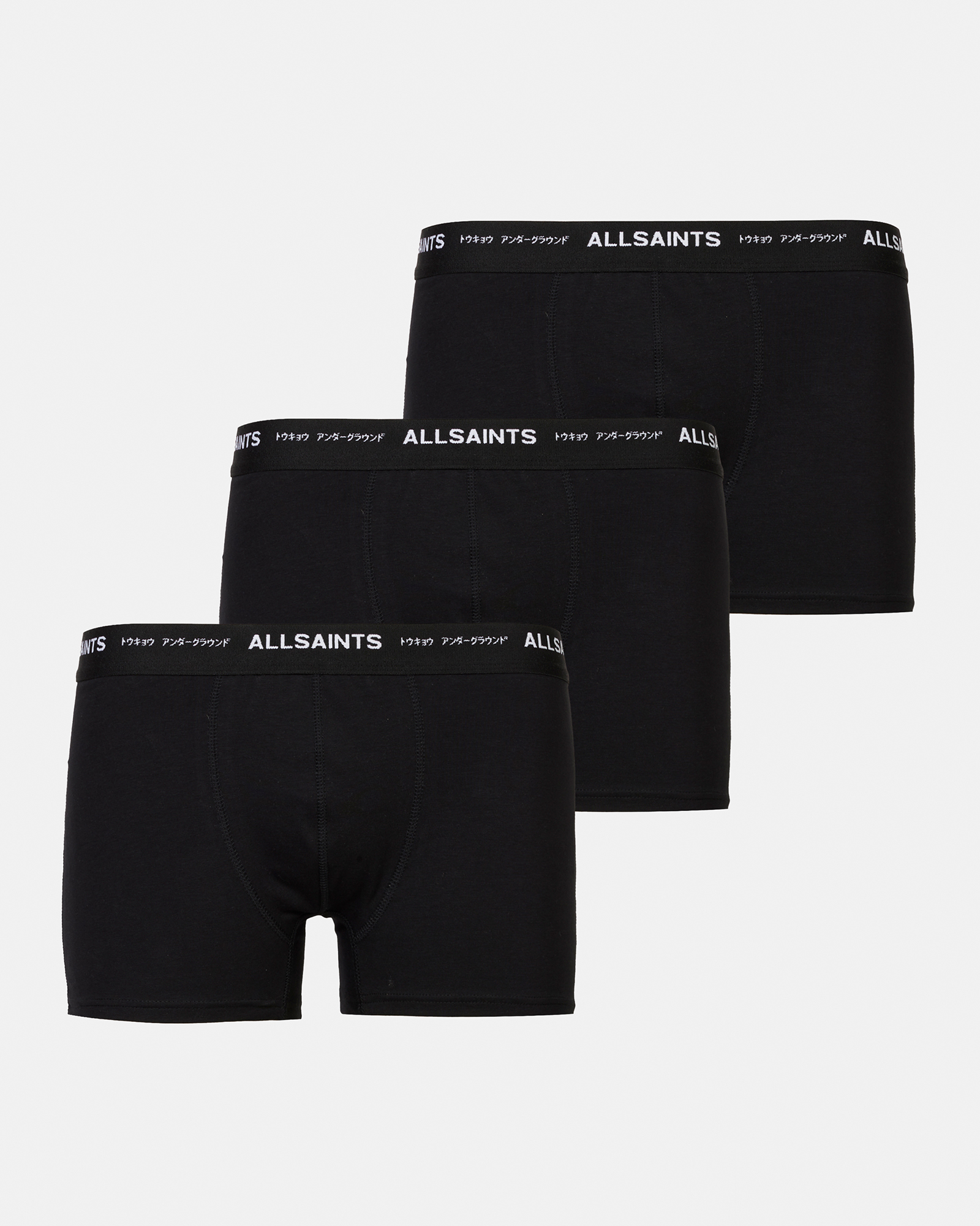 AllSaints 3-pack cotton trunks in black, green, off white