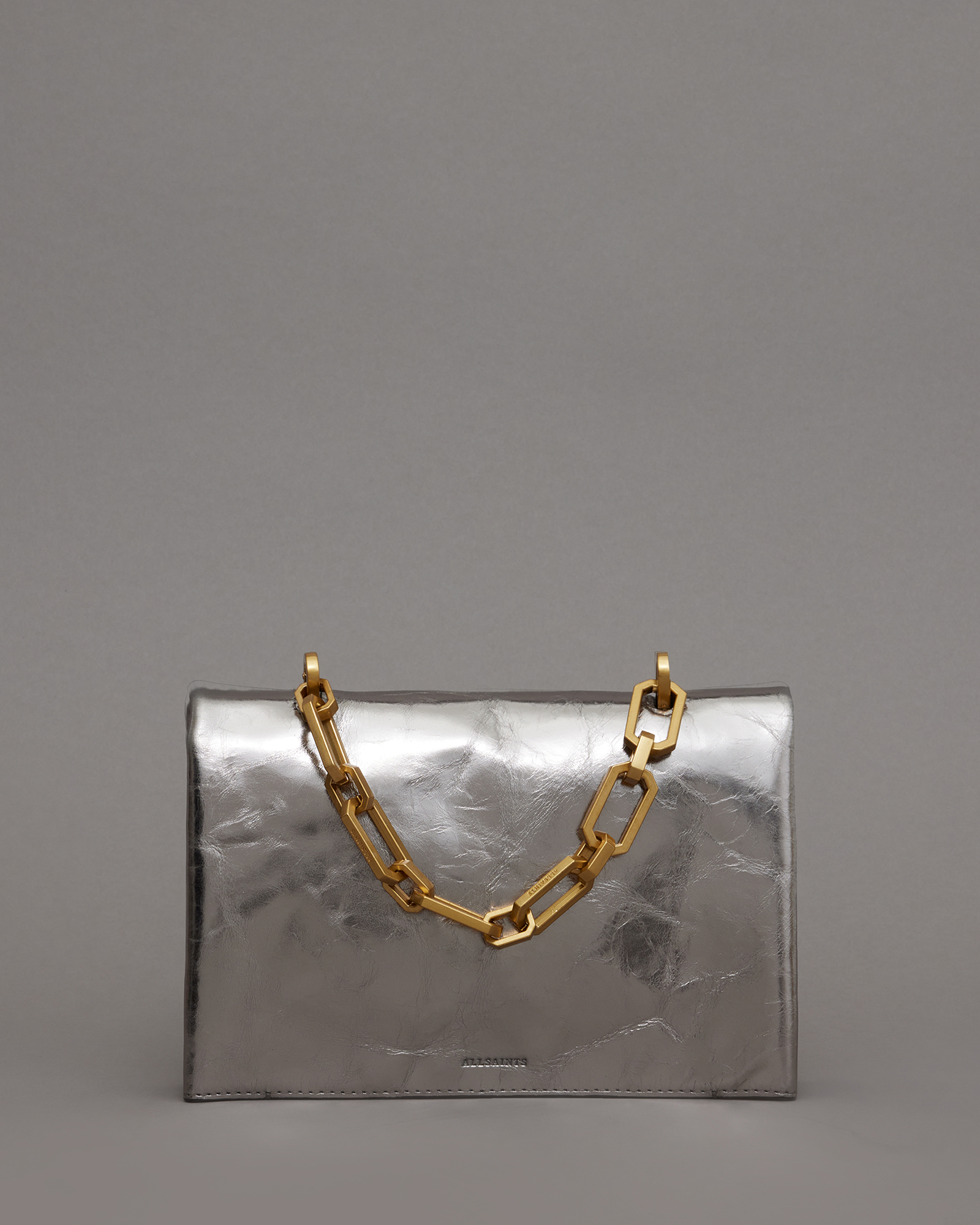 Allsaints Yua Leather Removable Chain Clutch Bag In Silver