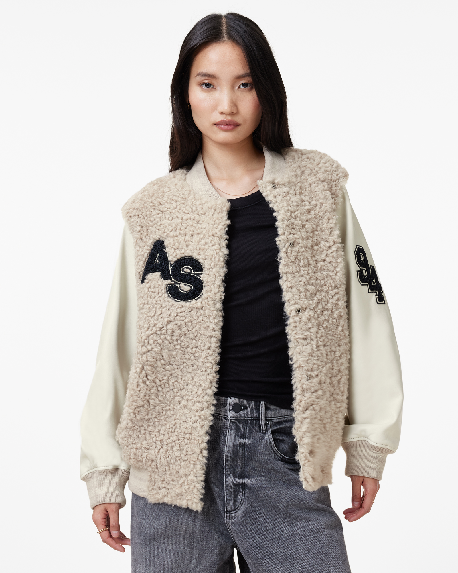 Shop Allsaints Valerie Shearling Patch Jacket In Off White