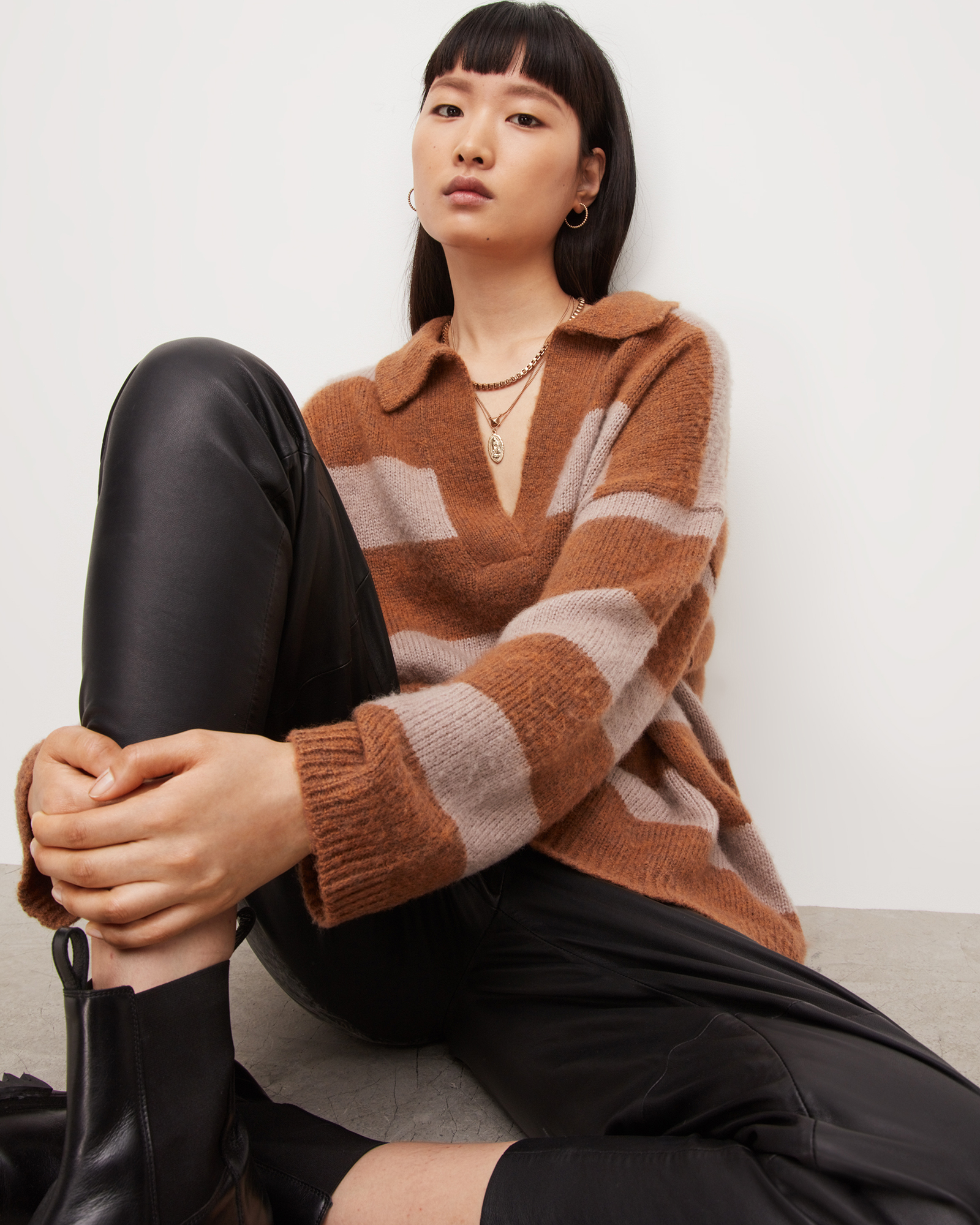 Lou Polo Sweater GINGER BROWN/PINK | ALLSAINTS US