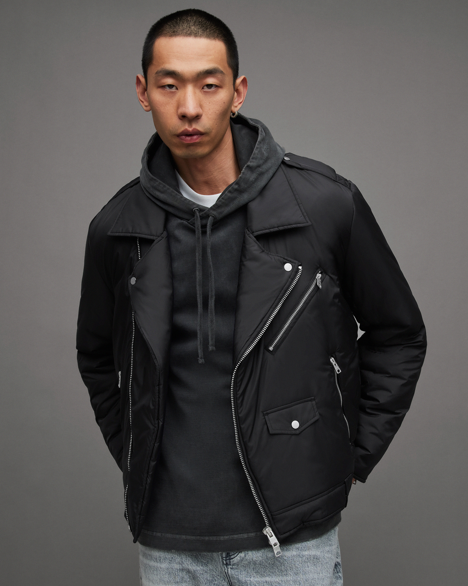 AllSaints Get Down Back Graphic Hoodie in Washed Black