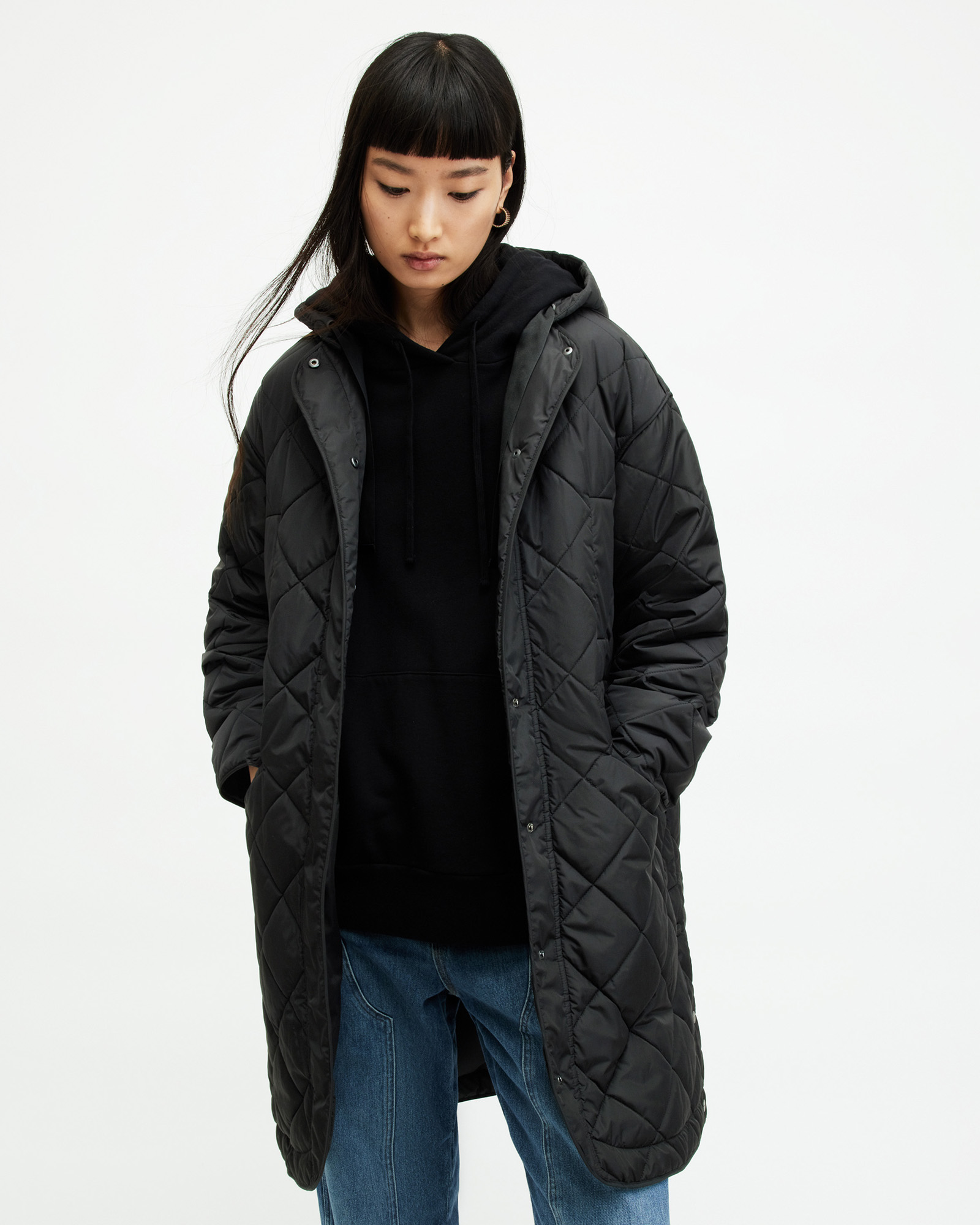 Allsaints Rina Quilted Relaxed Fit Liner Coat In Black