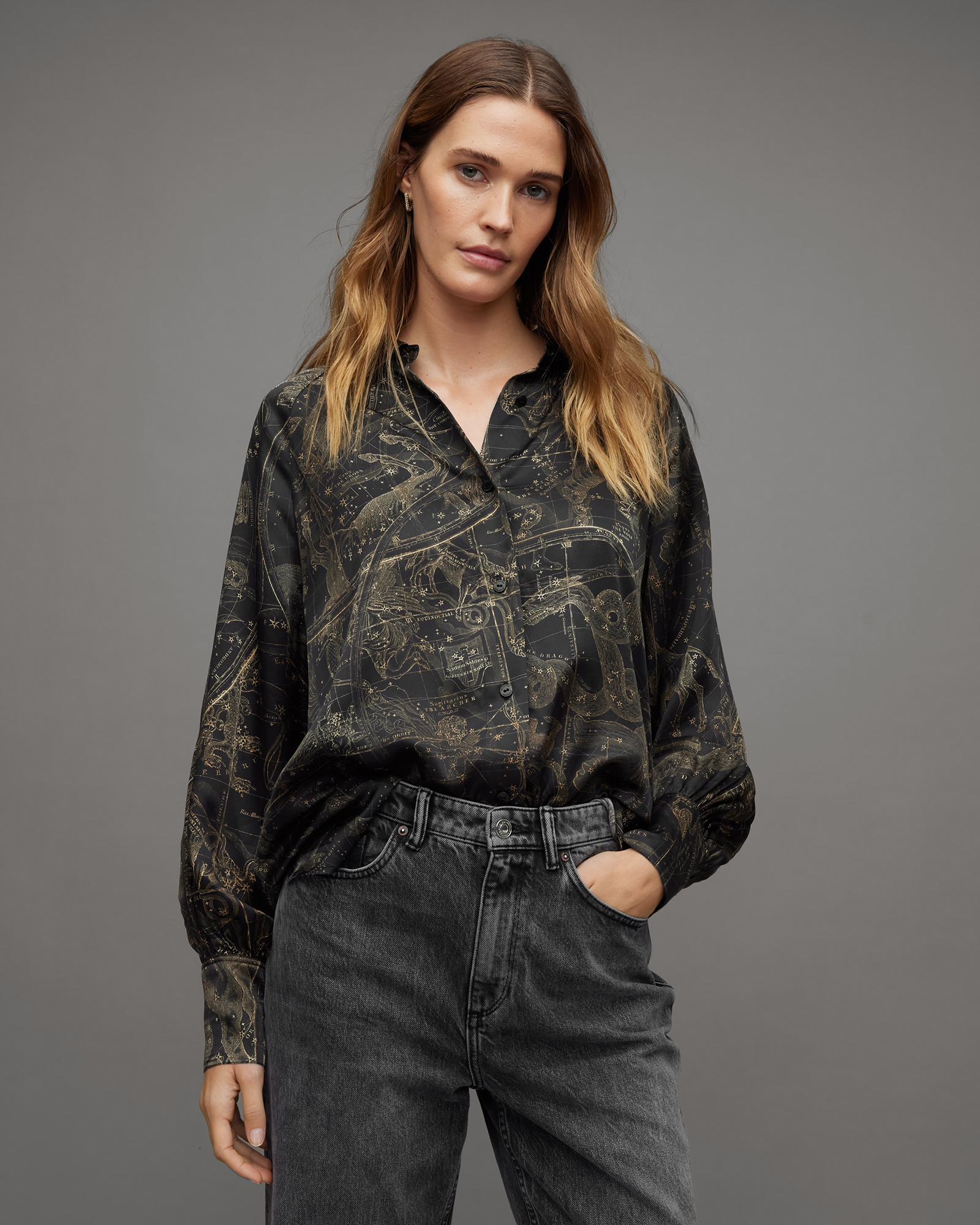 Allsaints Oana Ziggy Printed Silk Blend Shirt In Gold | ModeSens