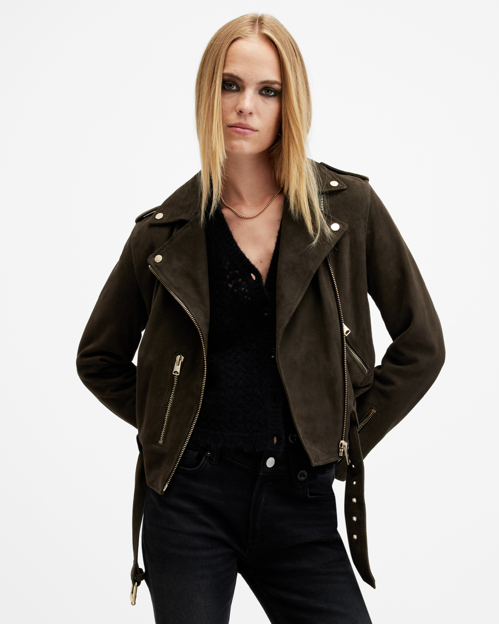 Balfern Belted Suede Biker Jacket TARMAC GREEN | ALLSAINTS US