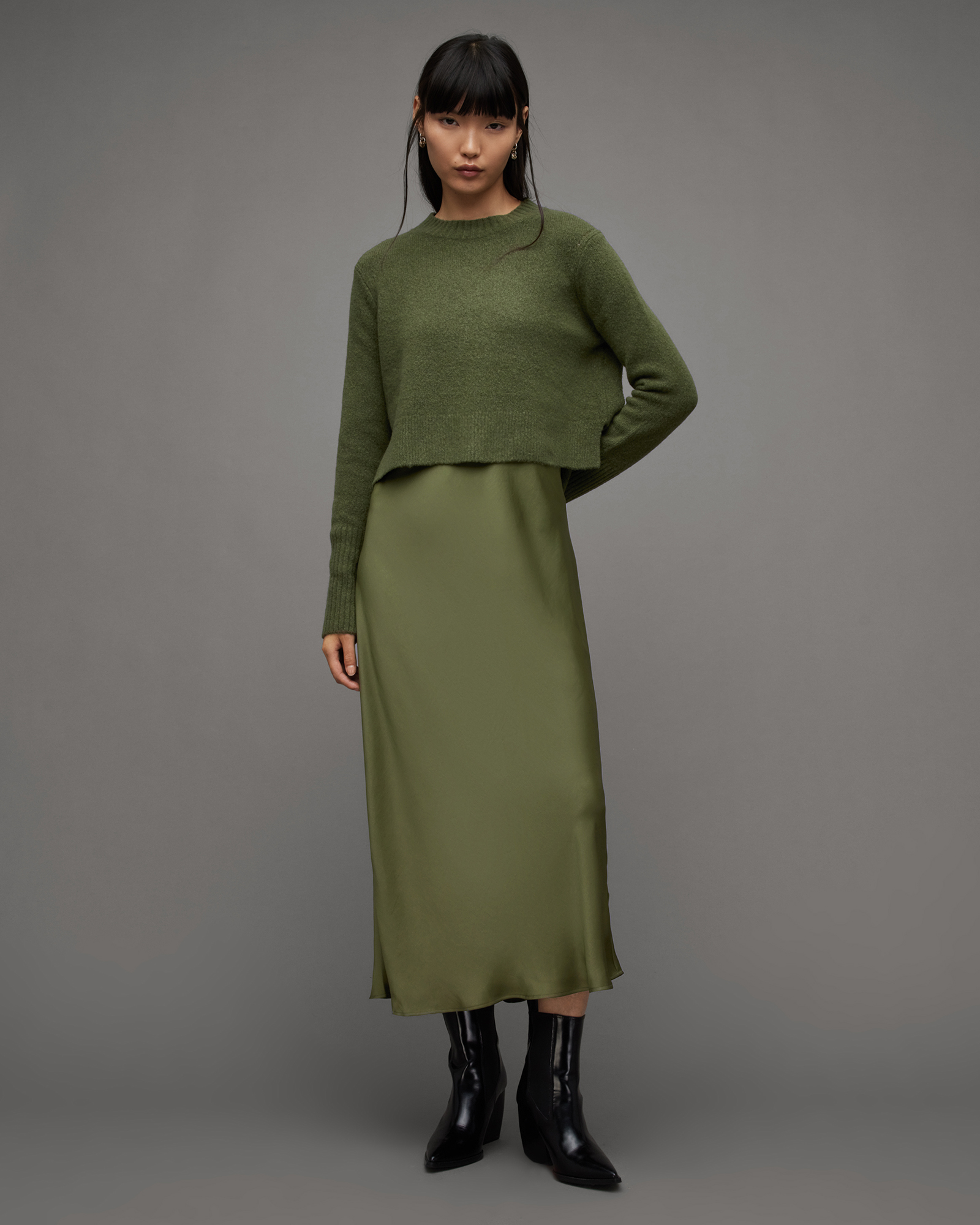 Tierny 2-In-1 Crew Neck Midi Slip Dress KHAKI GREEN | ALLSAINTS US