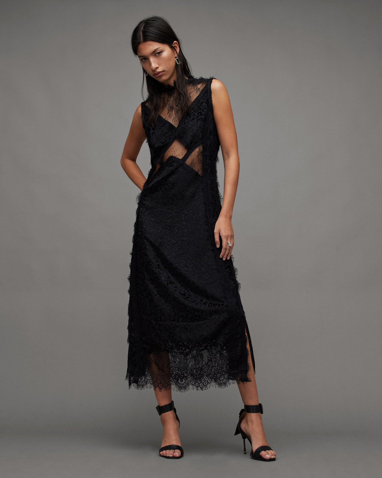 Shop Allsaints Mila Lace Panel Leopard Print Maxi Dress, In Black