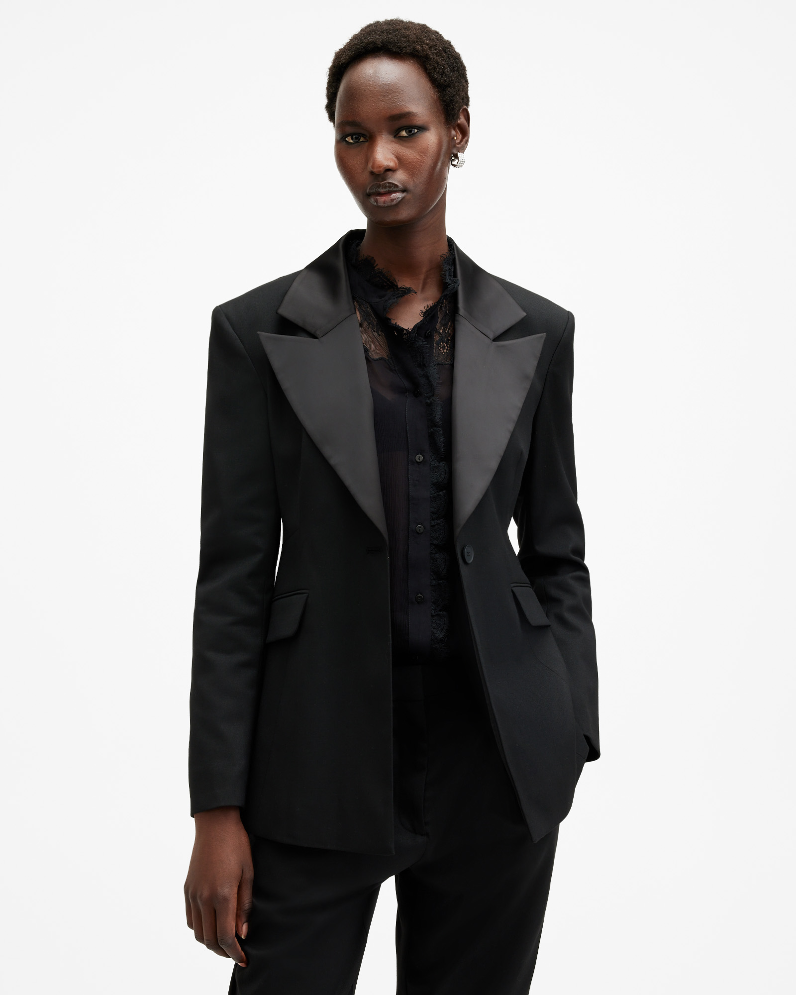 AllSaints online Nehru Satin Tailored Coat, Black