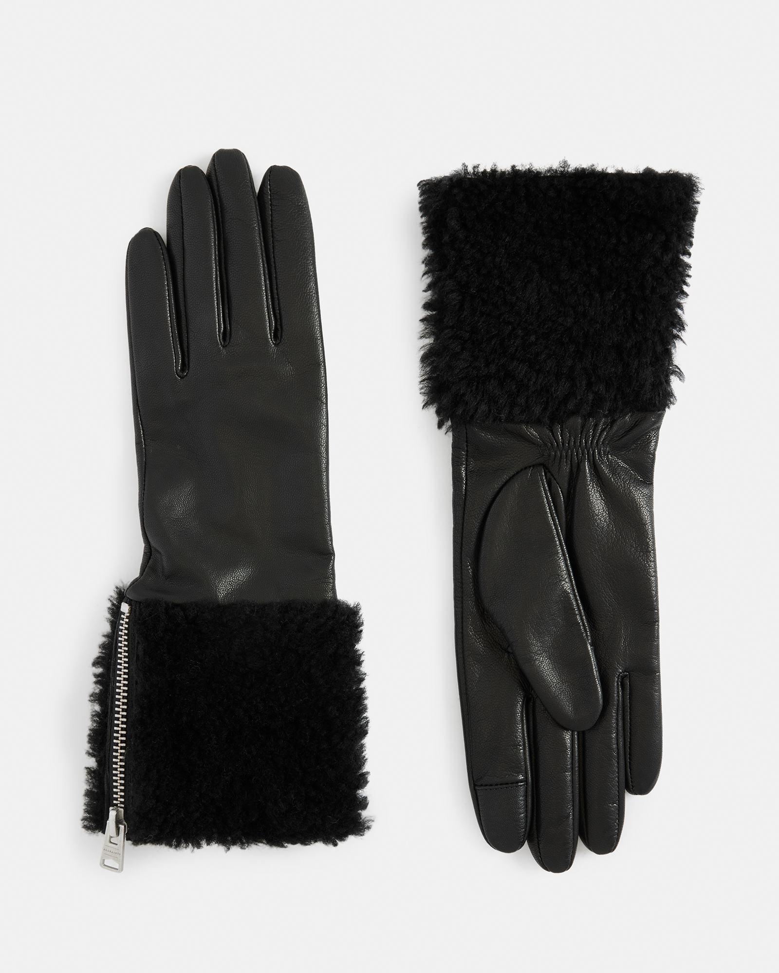 Allsaints Sasha Leather Faux Shearling Trim Gloves In Black