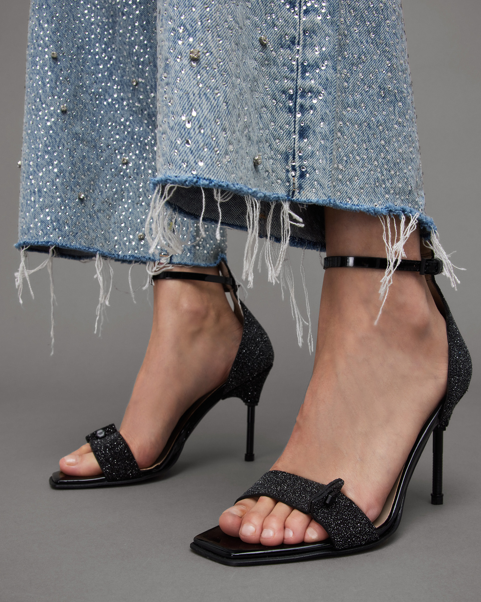 Allsaints Betty Sparkle Leather Sandal Heels In Black