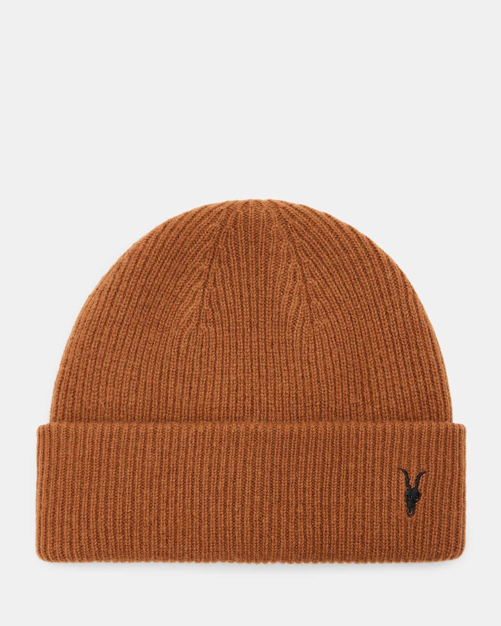 Allsaints Bailey Wool Ramskull Embroidered Beanie In Brown