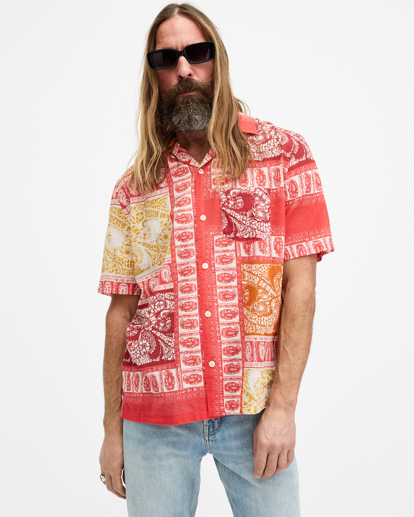 Shop Allsaints Marquee Paisley Print Relaxed Fit Shirt In Electric Red