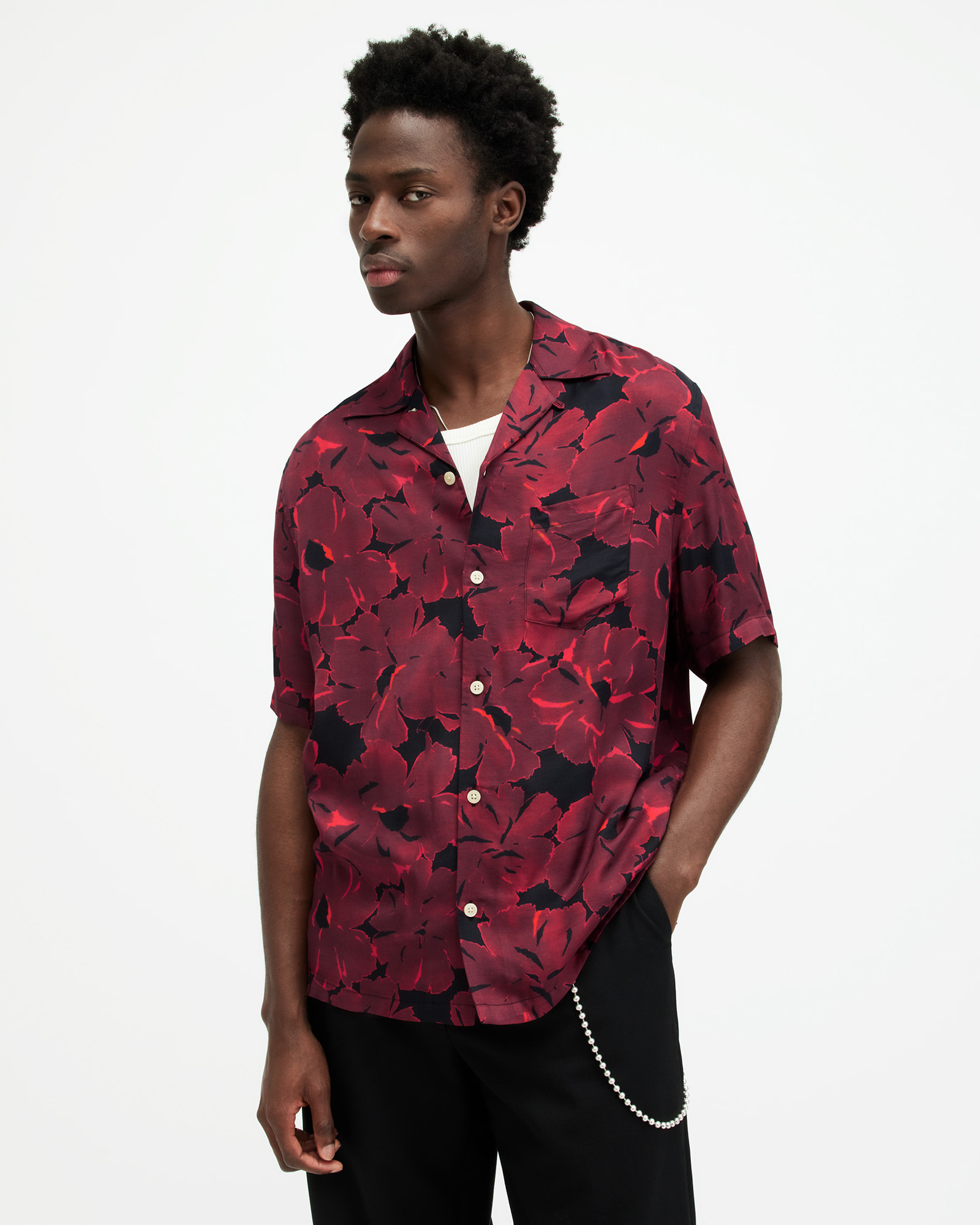 Kaza Floral Print Relaxed Fit Shirt JT BLK/SANGRIA RED | ALLSAINTS US