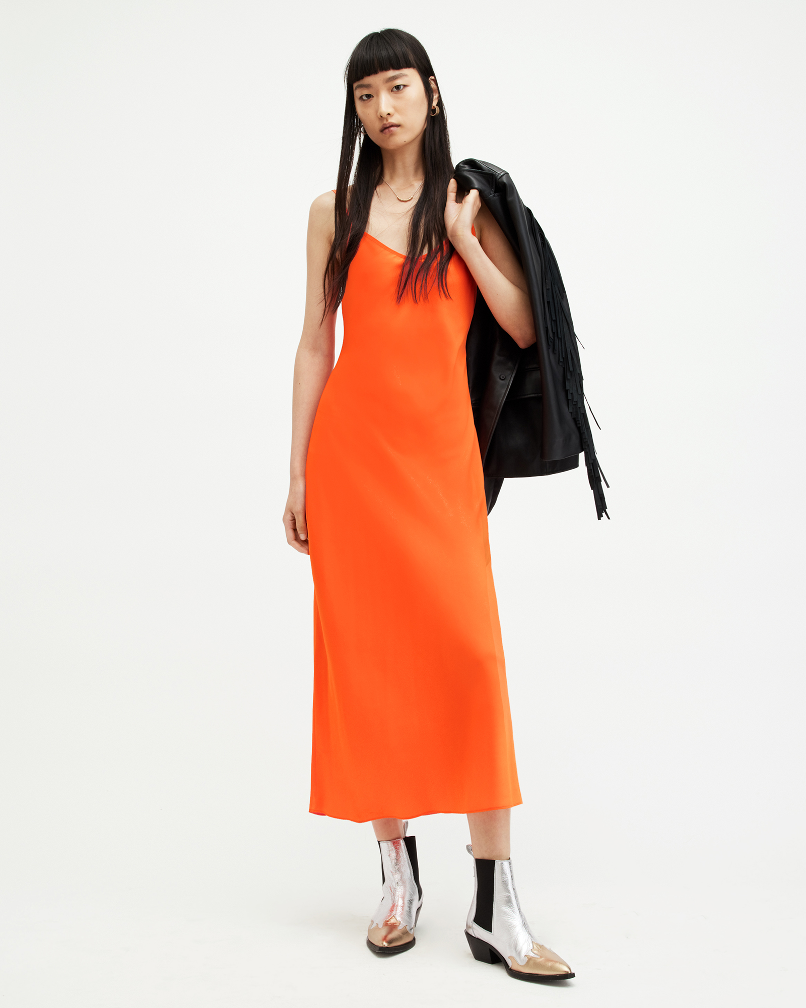 Bryony Slim Fit V-Neck Midi Slip Dress ZESTY ORANGE