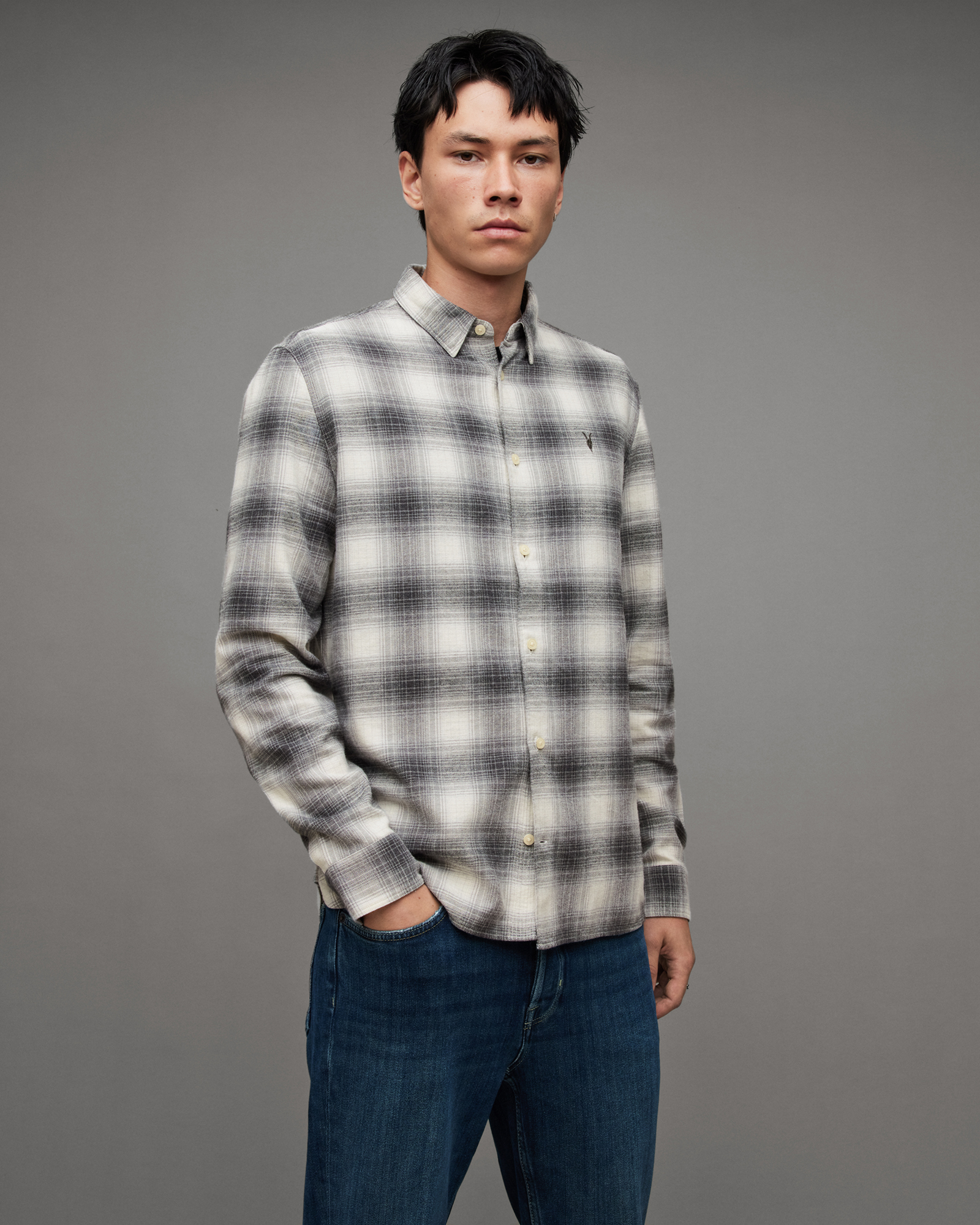 Omega Relaxed Fit Checked Flannel Shirt ROCK GREY | ALLSAINTS US