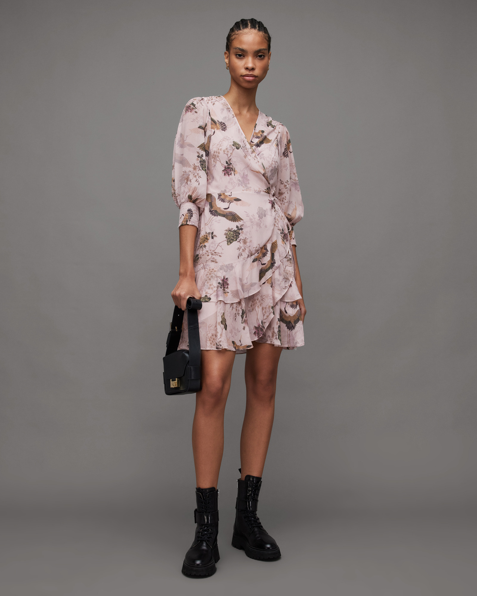 Ari Peggy Floral Print Mini Wrap Dress Dusty Pink | ALLSAINTS US