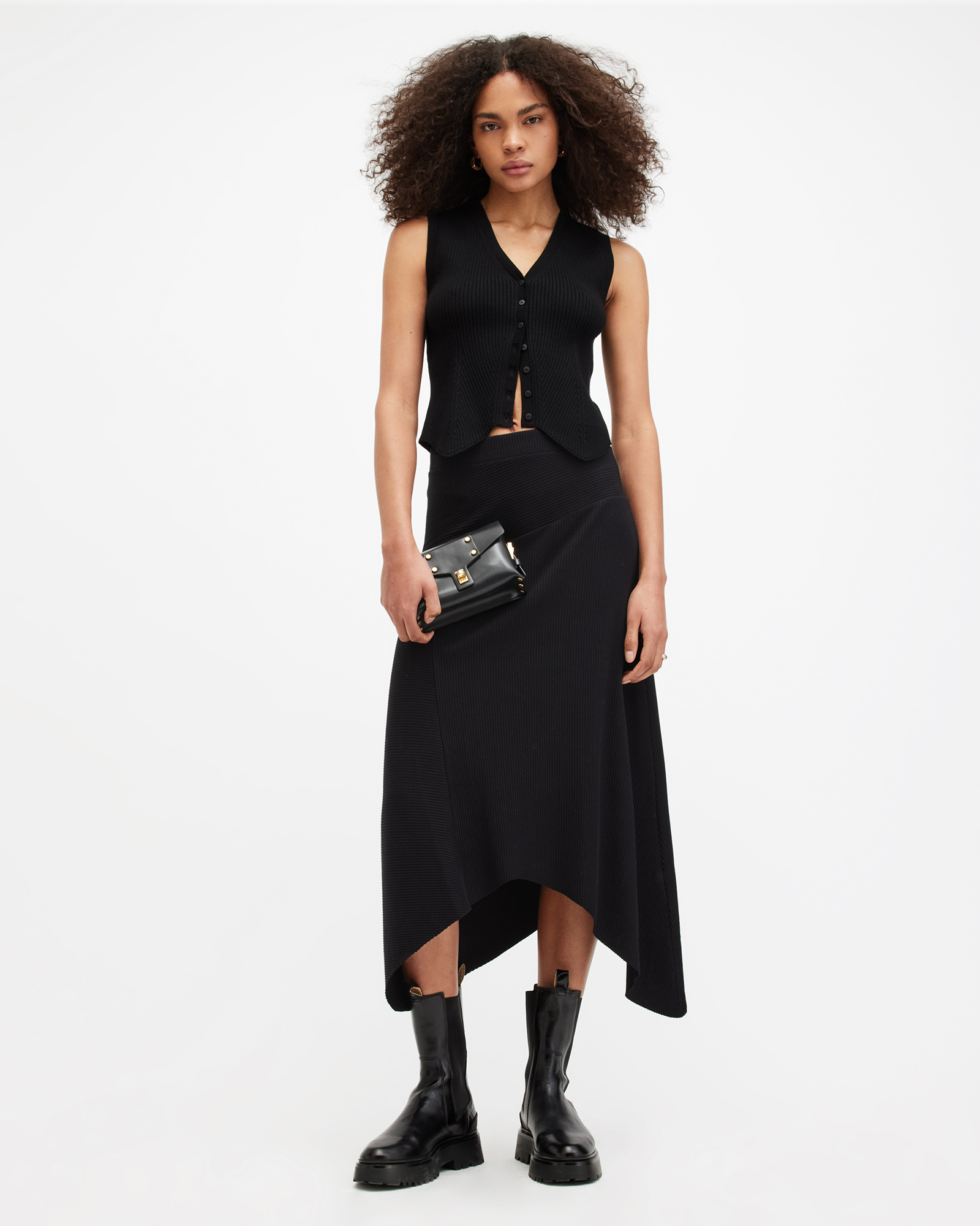 Gia Asymmetrical Ribbed Midi Skirt Black | ALLSAINTS US