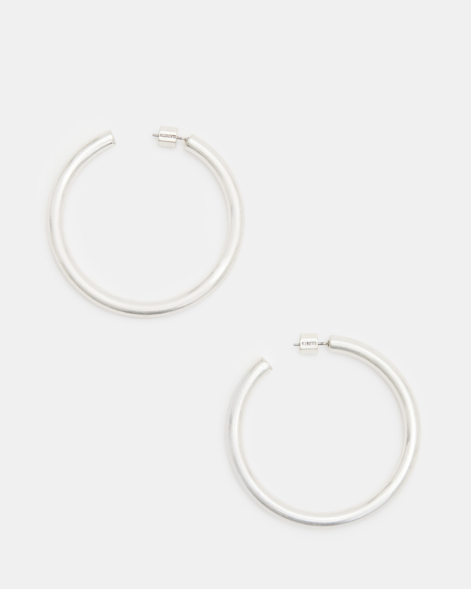 Allsaints Claudette Large Tubular Hoop Earrings In Warm Silver