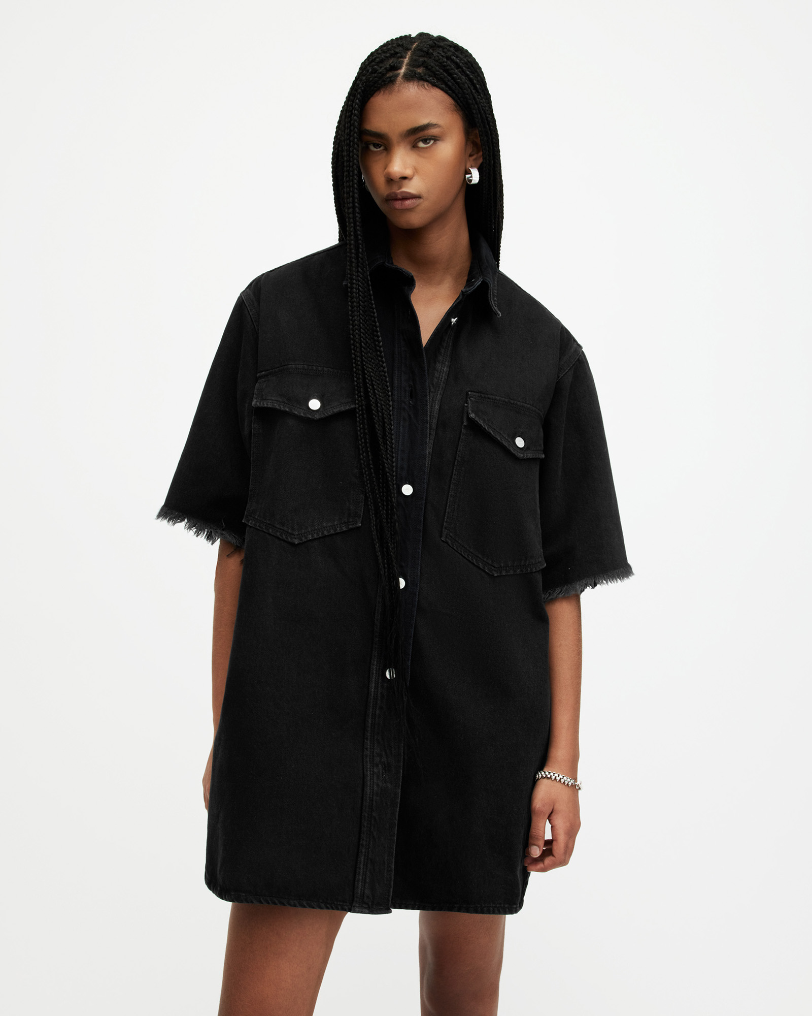 Lily Short Sleeve Denim Mini Dress Washed Black | ALLSAINTS US