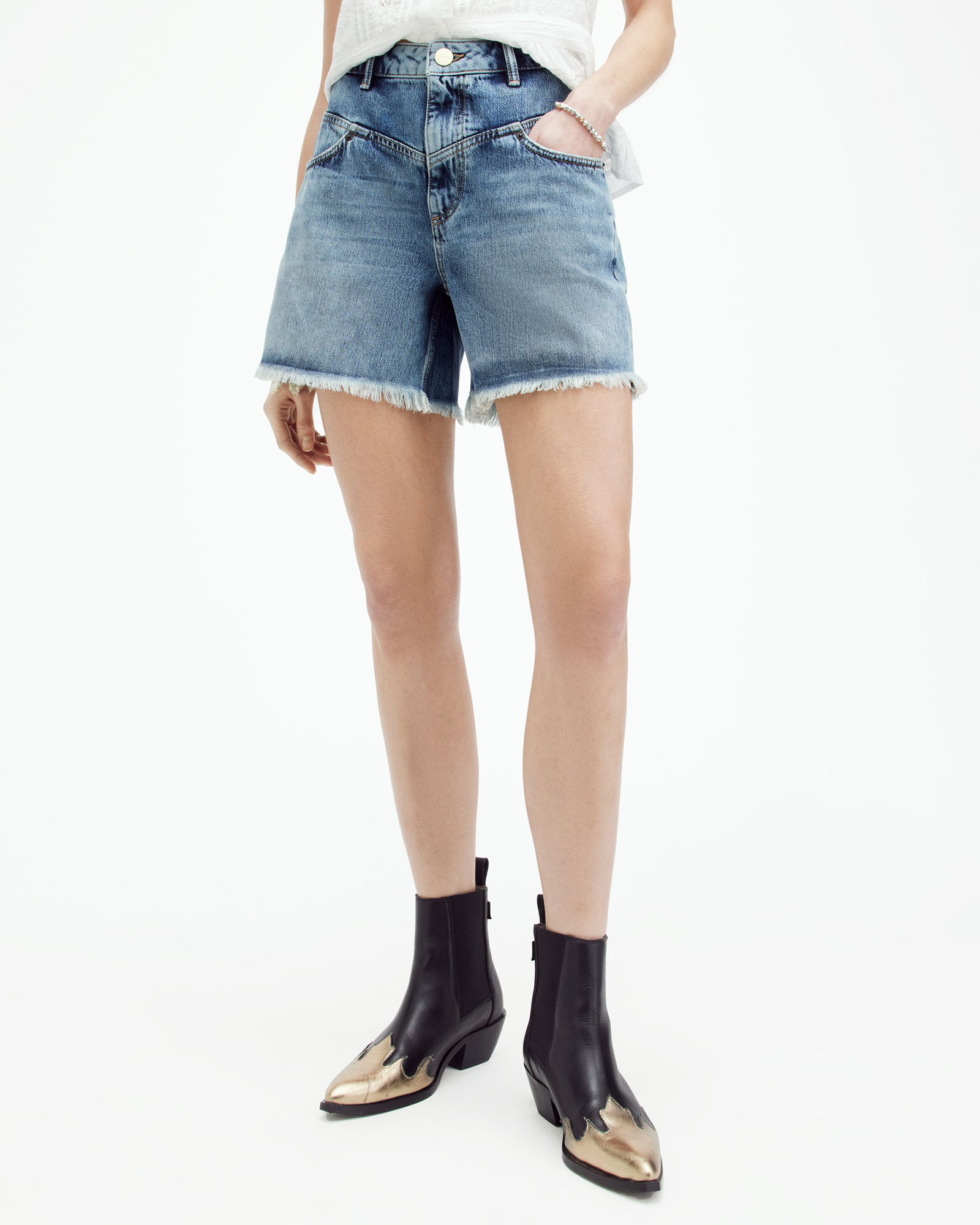 Emmy High Rise Denim Mid Length Shorts Vintage Indigo | ALLSAINTS US